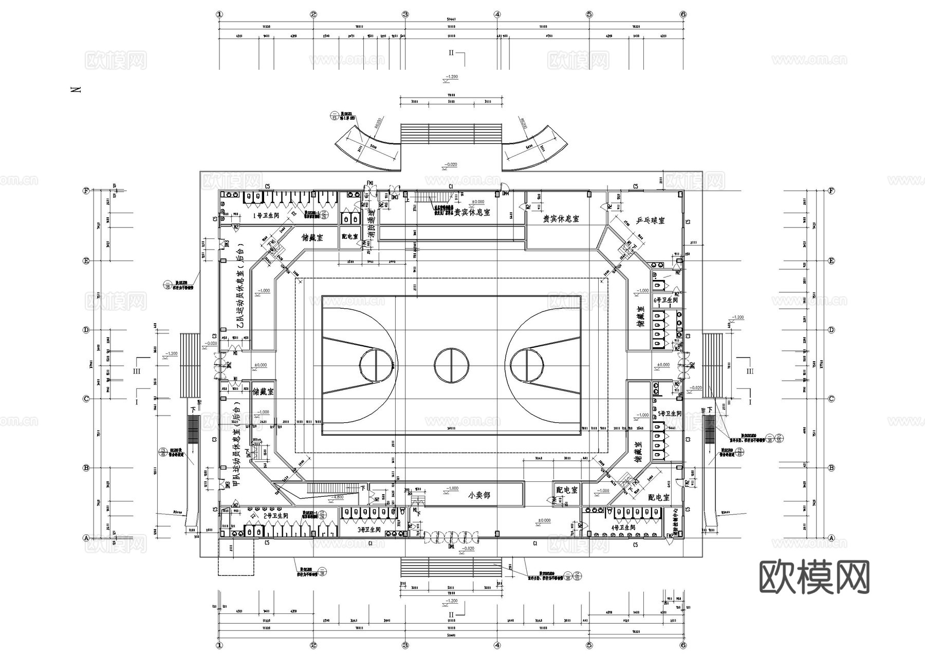现代篮球场体育馆施工图cad施工图