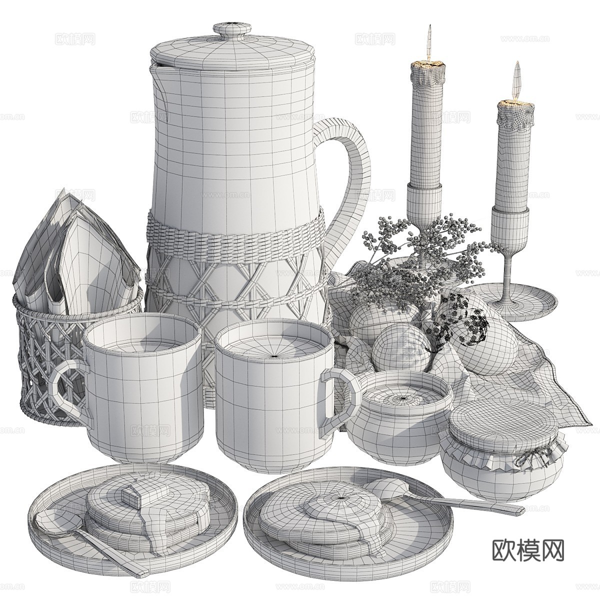 牛奶 蜂蜜 早餐 蜡烛 食物 餐具3d模型下载（渲染图2）