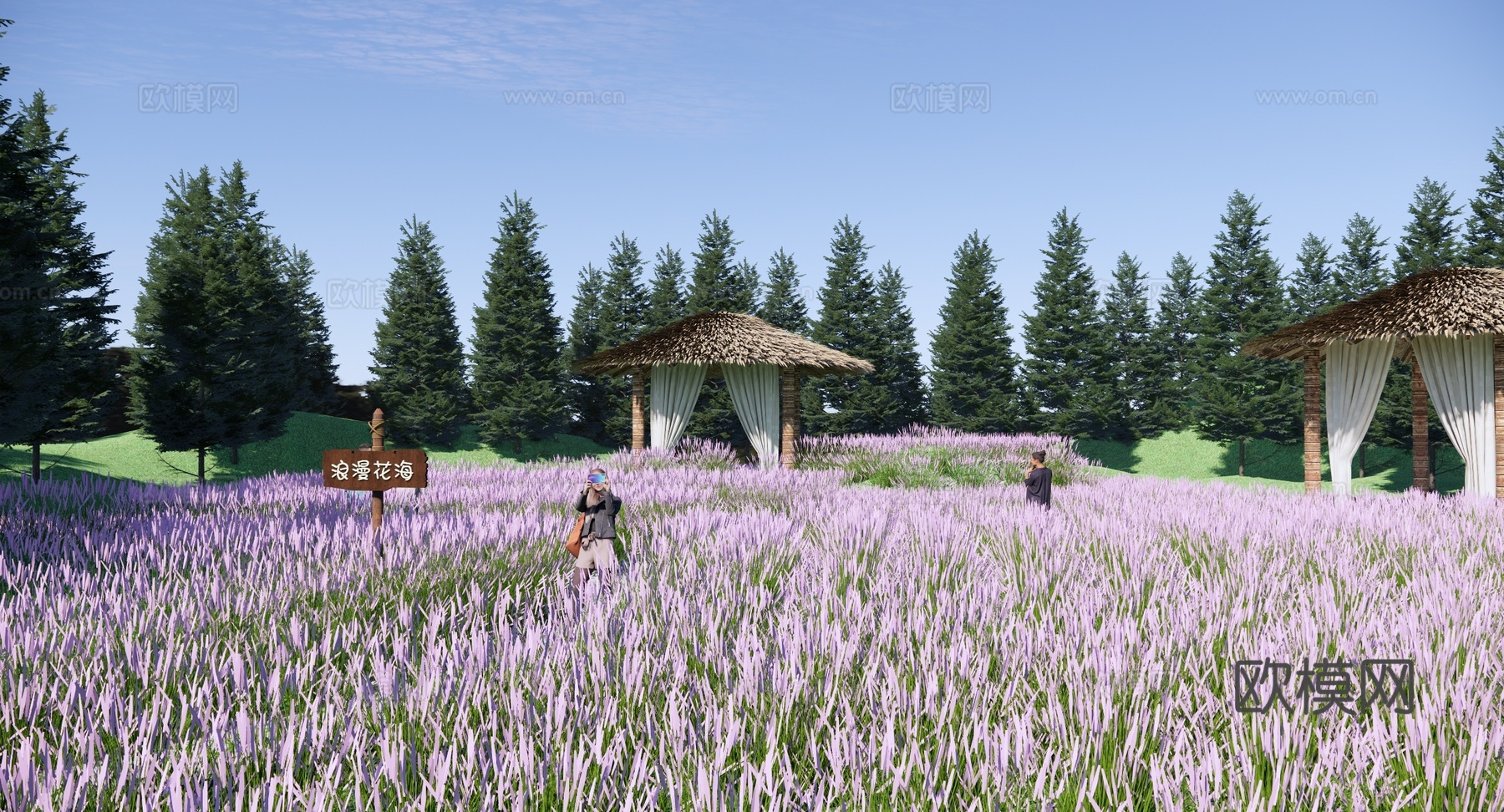 现代 花海 公园景观 粉黛乱子草 浪漫花海 茅草亭 休闲观景su模型