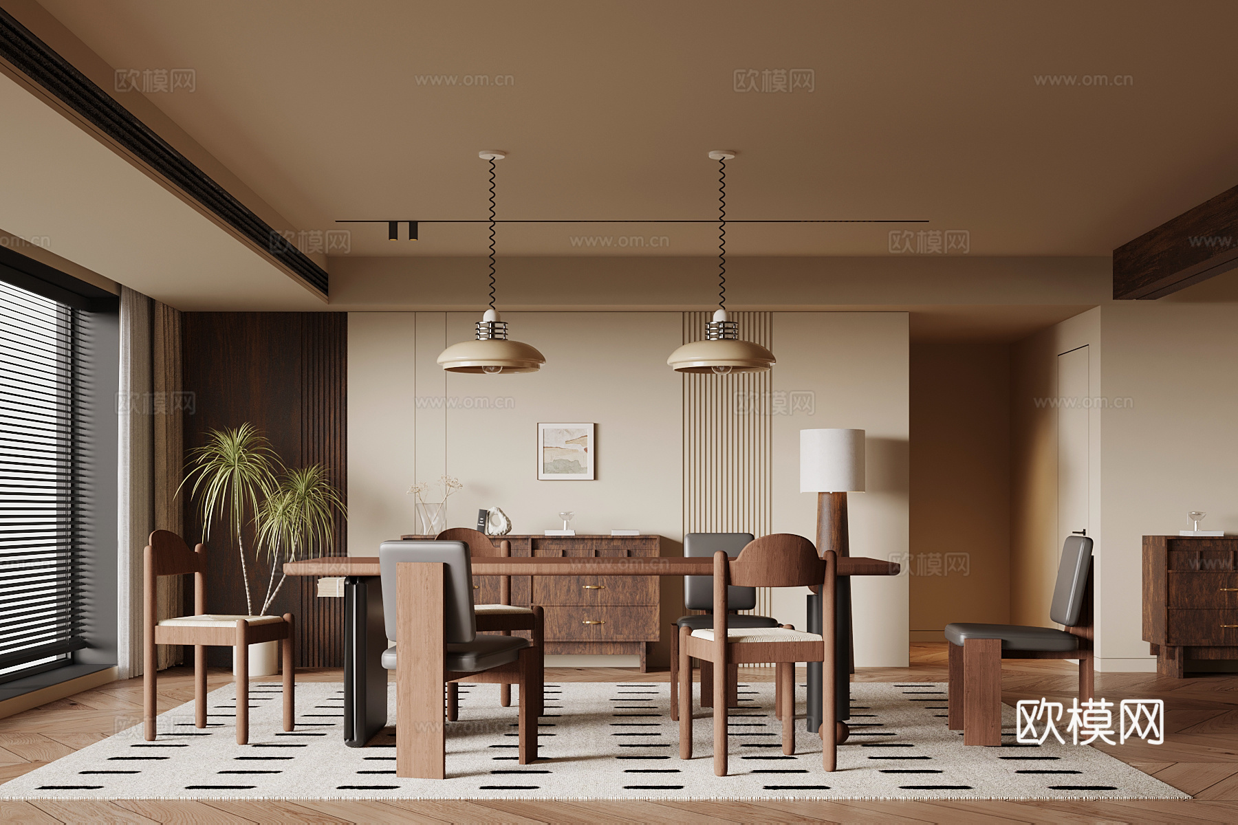 中古风餐厅 餐桌椅 餐边柜3d模型下载