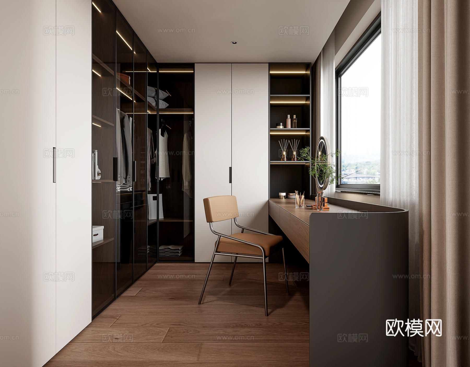 现代家居卧室衣帽间 玻璃门衣柜 转角衣柜 衣柜梳妆台一体3d模型下载