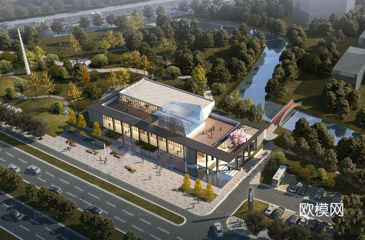 现代展览馆建筑 博物馆 建筑外观su模型