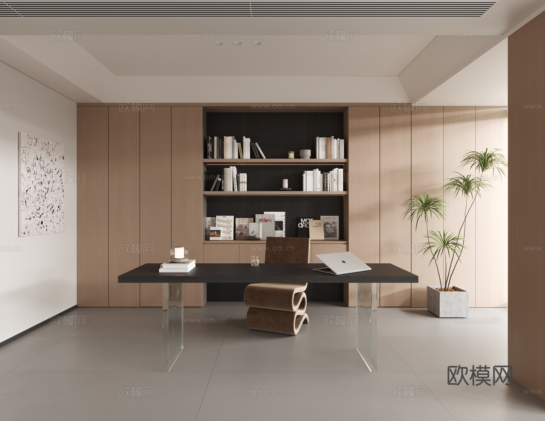 现代极简书房 书籍 书桌椅 装饰画3d模型