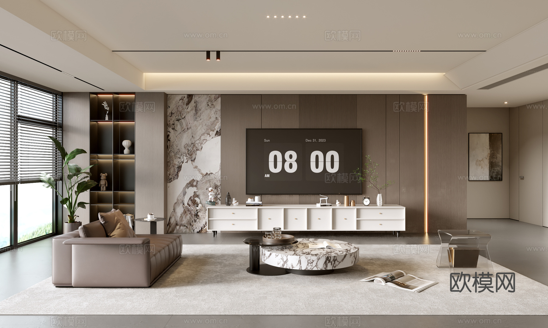 意式客厅 意式电视背景墙 电视柜 沙发茶几组合 电视一体柜su模型