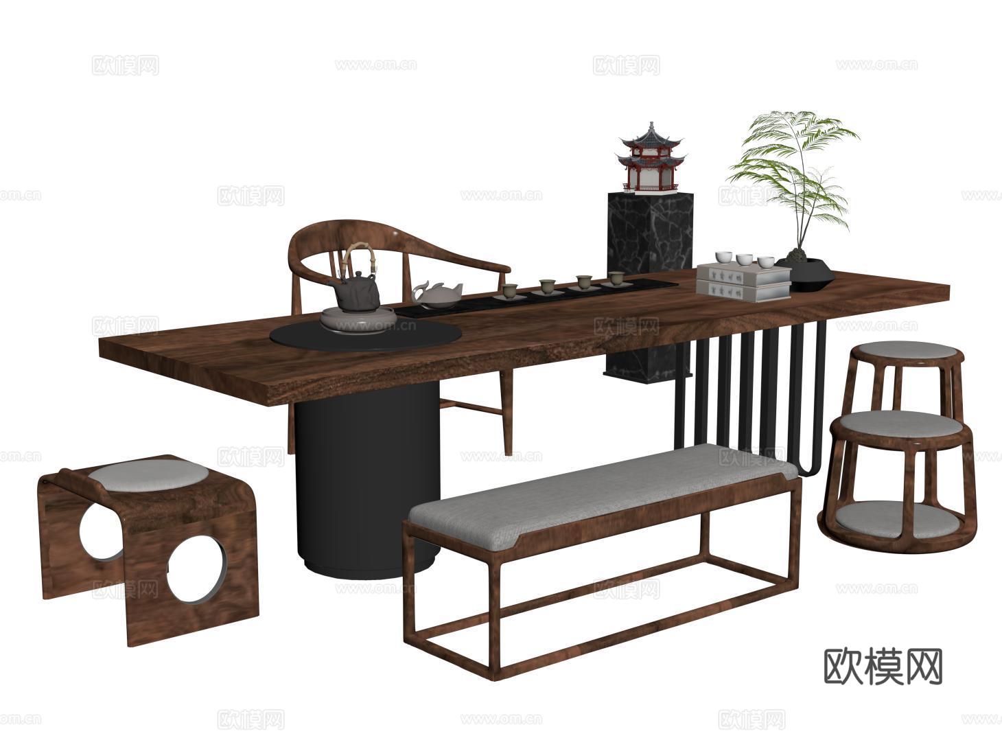 新中式茶桌椅 中式茶台 大板桌 茶具su模型
