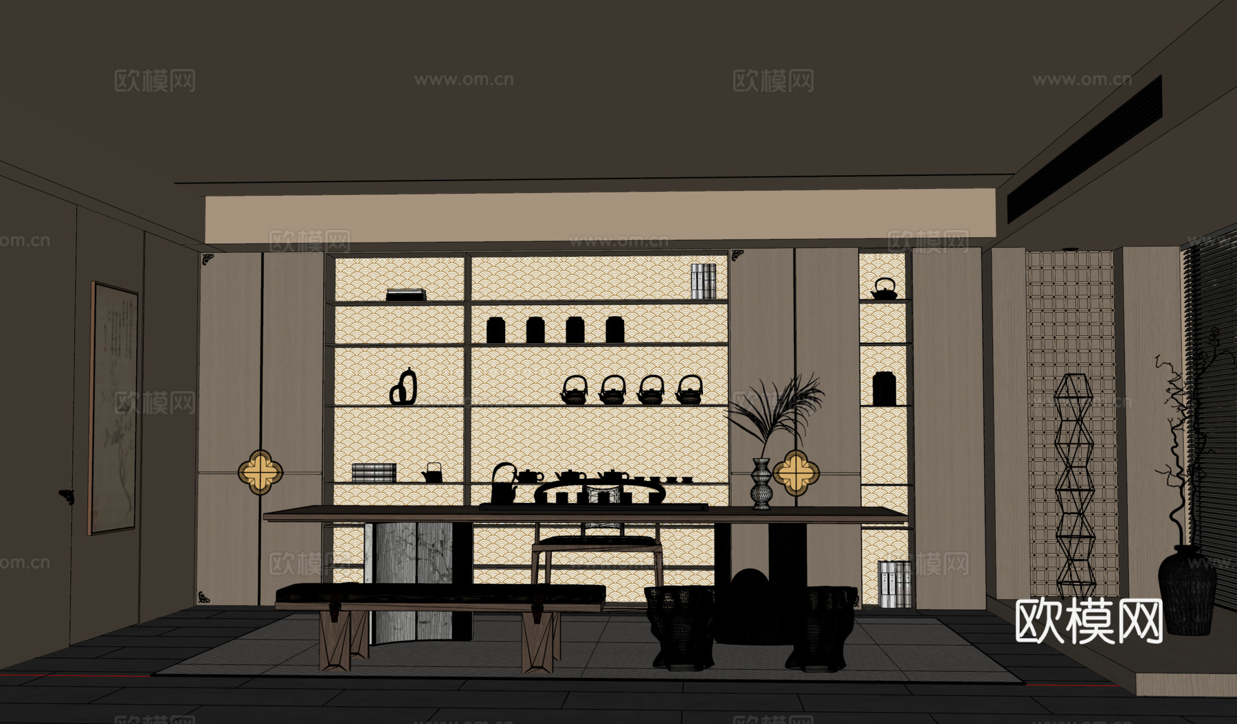 宋式茶室 茶室柜 茶桌椅 装饰画su模型