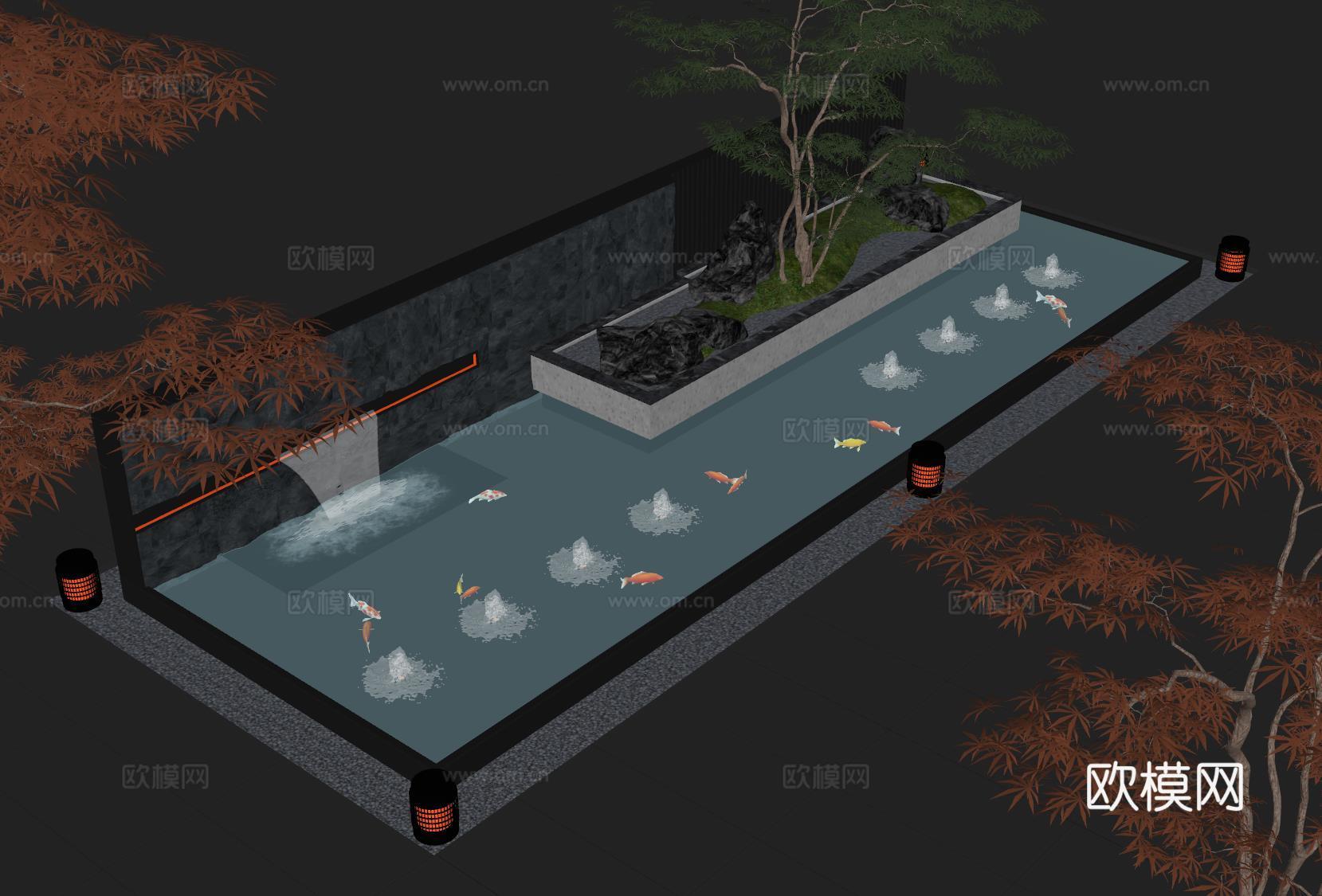 现代水景观 庭院水景 水钵 叠水 跌水 喷泉su模型
