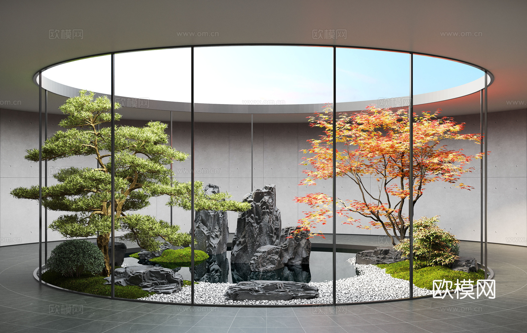 新中式庭院景观 天井庭院 景观石 松树 红枫su模型