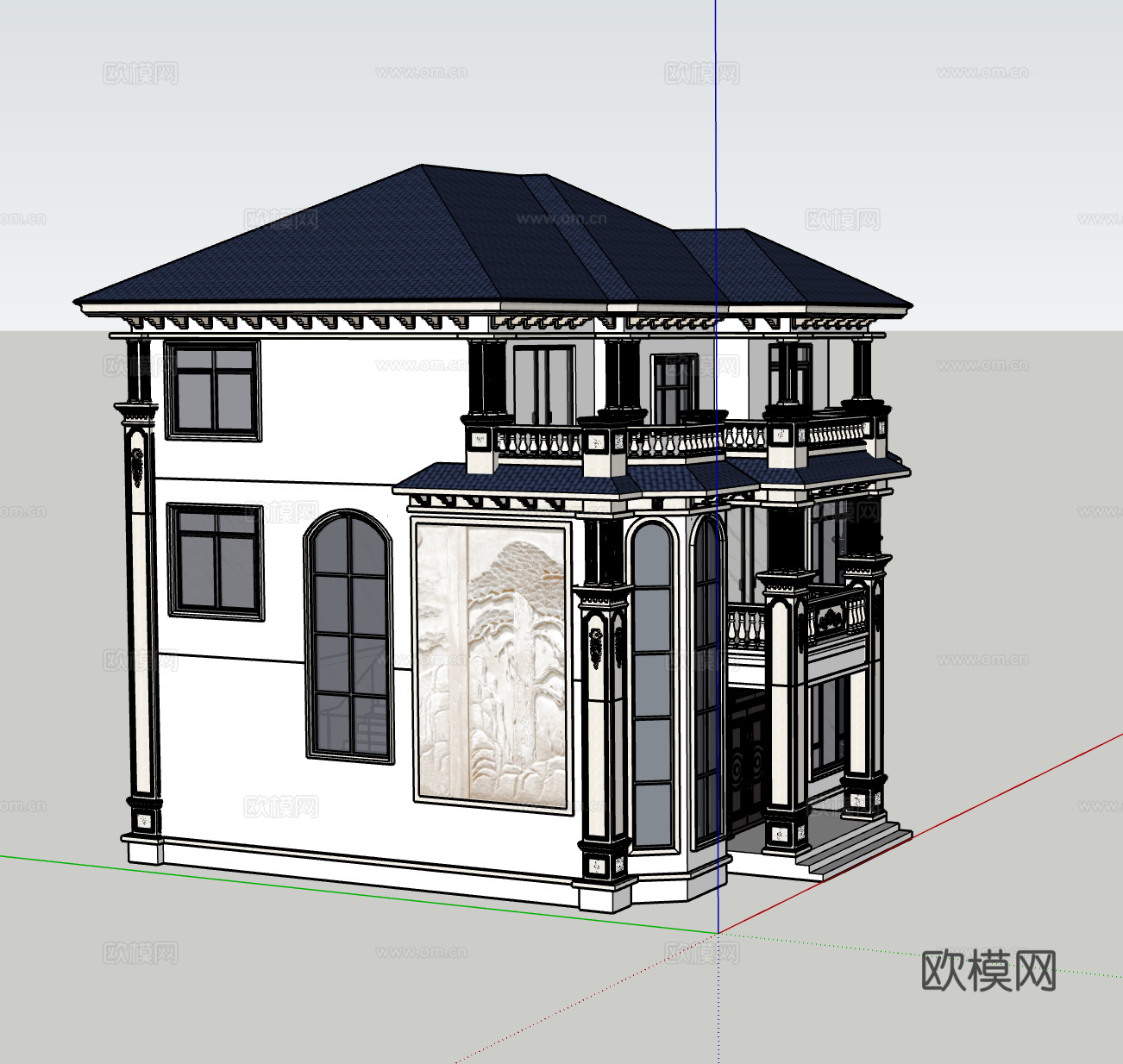 三层欧式别墅/挑空客厅/八角窗/农村自建房别墅su模型