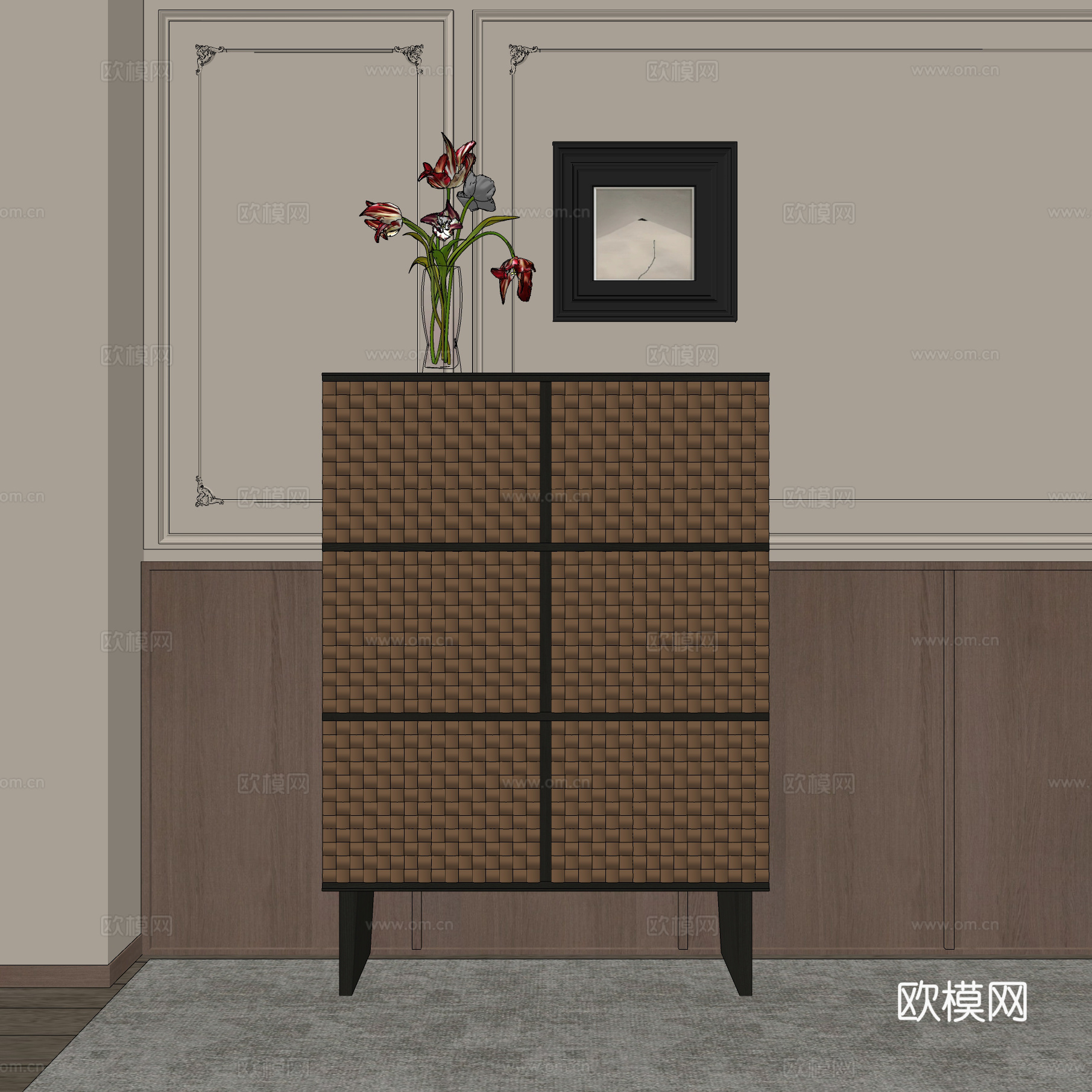 中古风玄关柜 储物柜 花艺 斗柜 装饰柜su模型