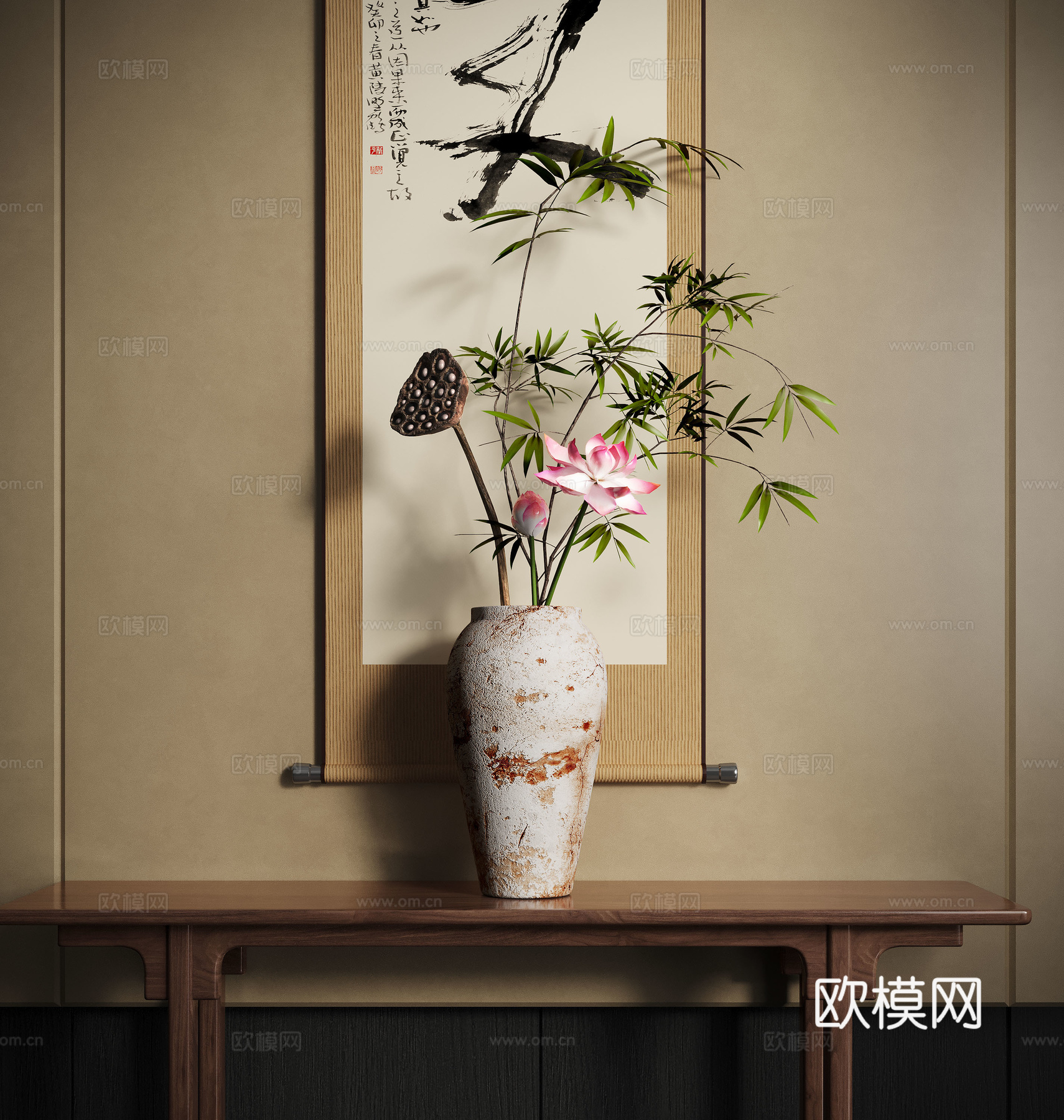 新中式禅意花瓶 花艺摆件 插花3d模型下载