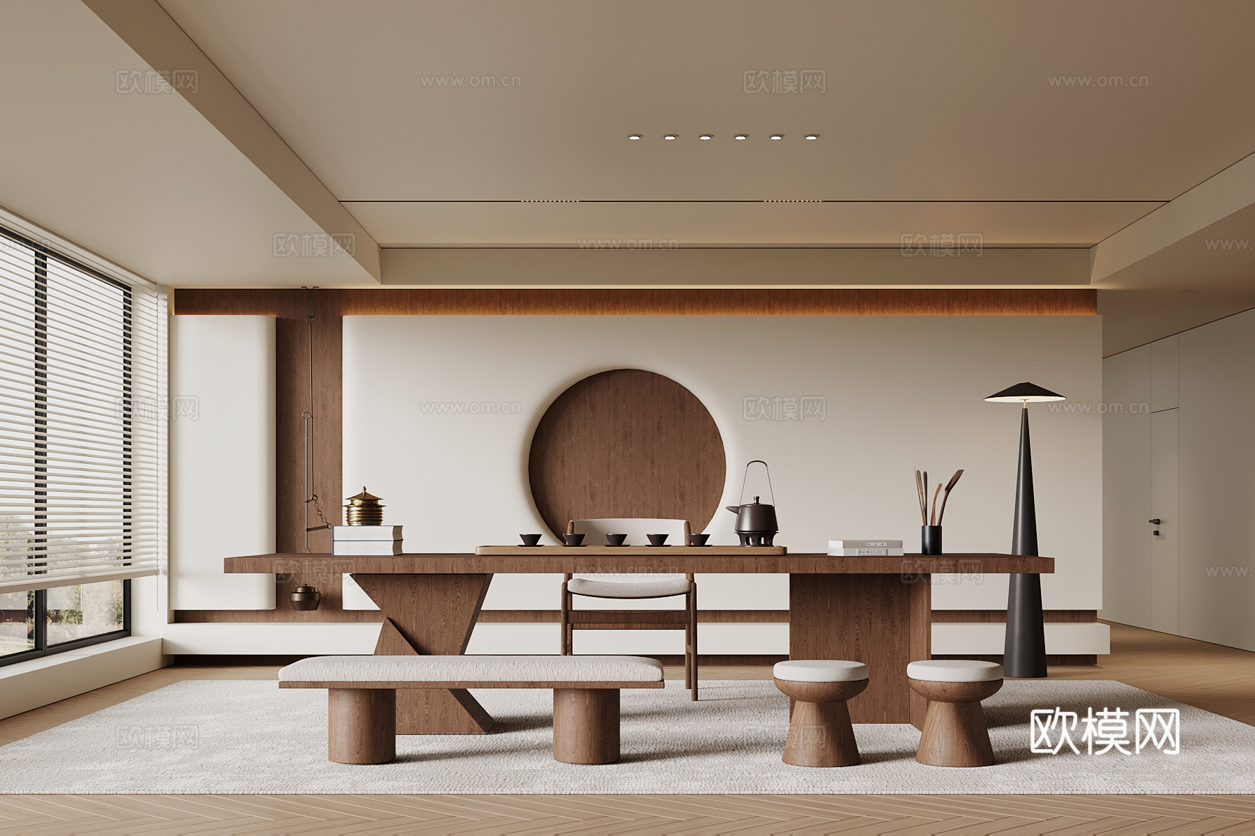 中古风茶室 茶桌椅 背景墙su模型