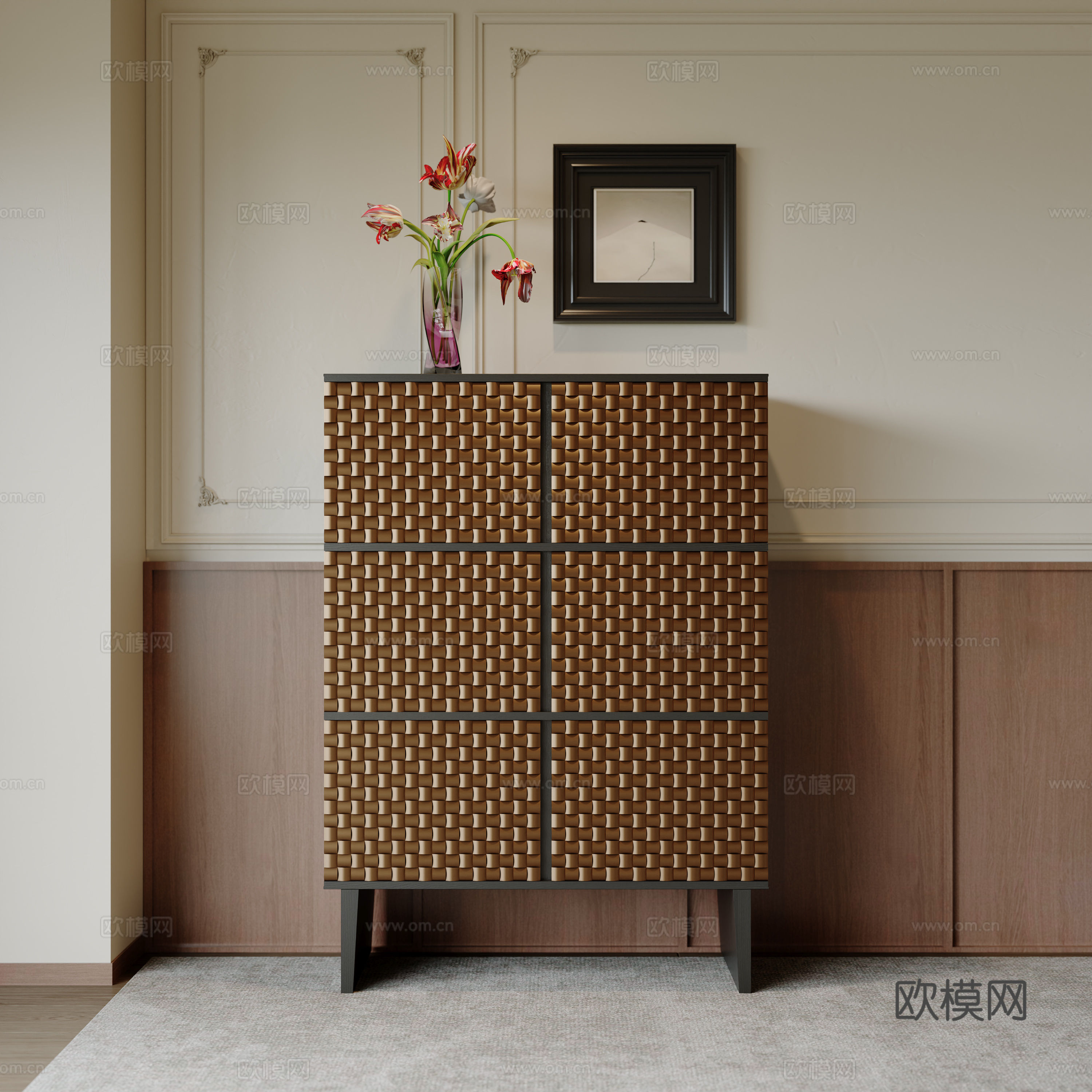 中古风玄关柜 储物柜 花艺 斗柜 装饰柜su模型