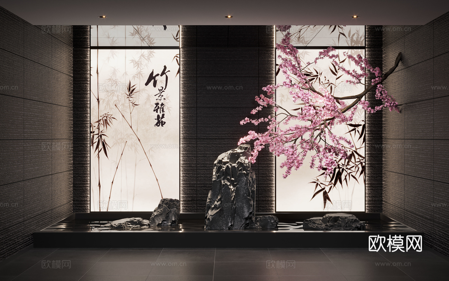 新中式景观造景 室内景观 倒挂植物 景观石 室内造景su模型