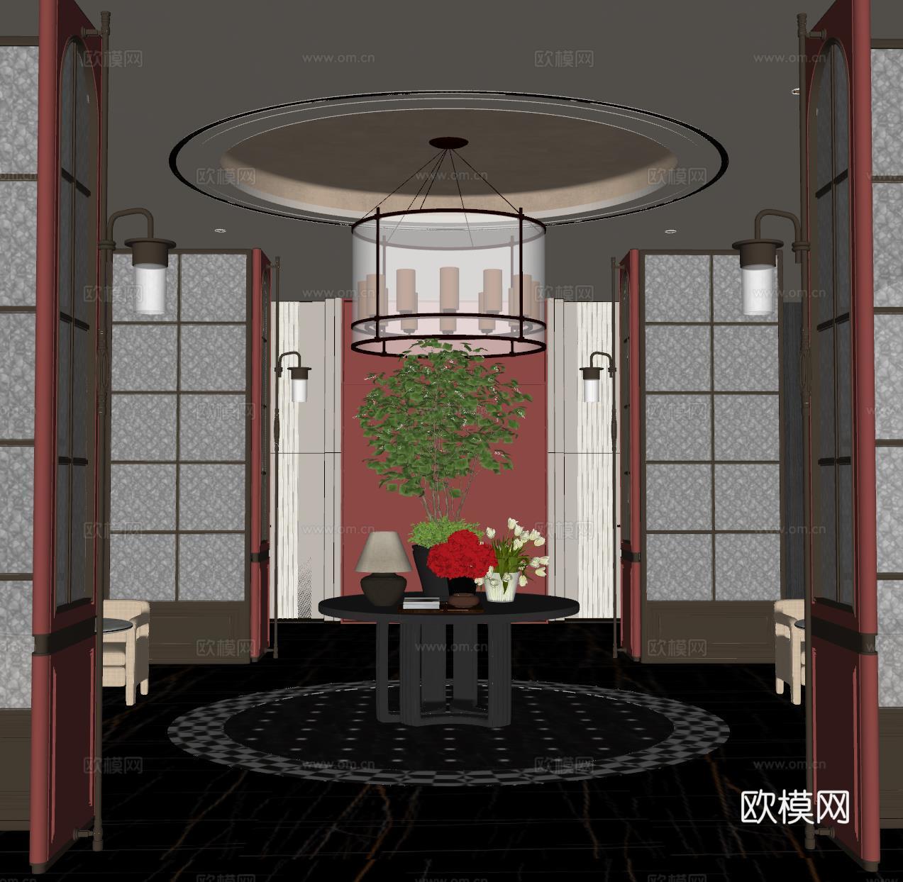 现代大厅 酒店大厅 大厅灯具 花艺摆台组合 屏风隔断su模型