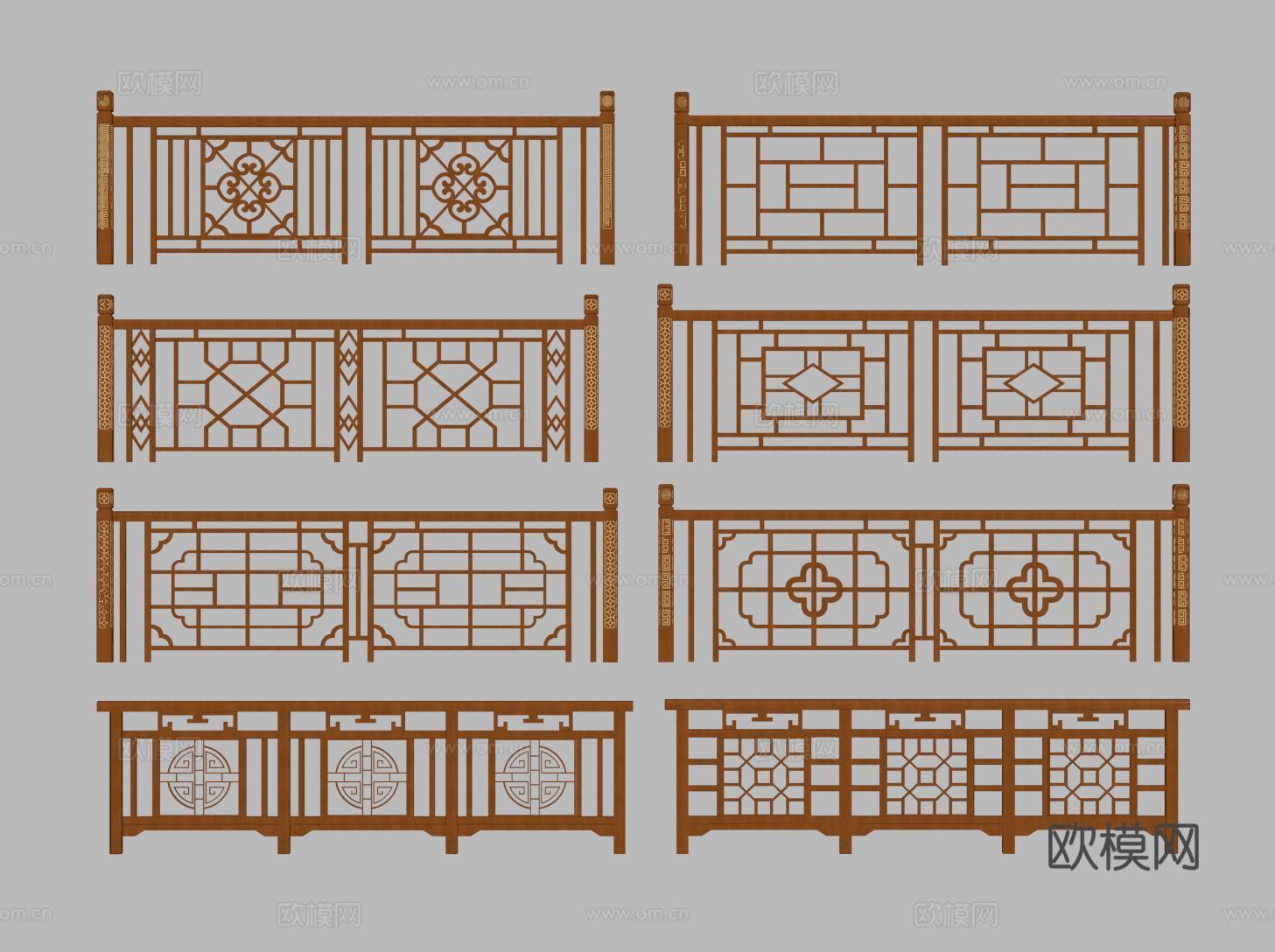 新中式实木栏杆 雕花栏杆 木扶手护栏 木围栏 木栅栏su模型