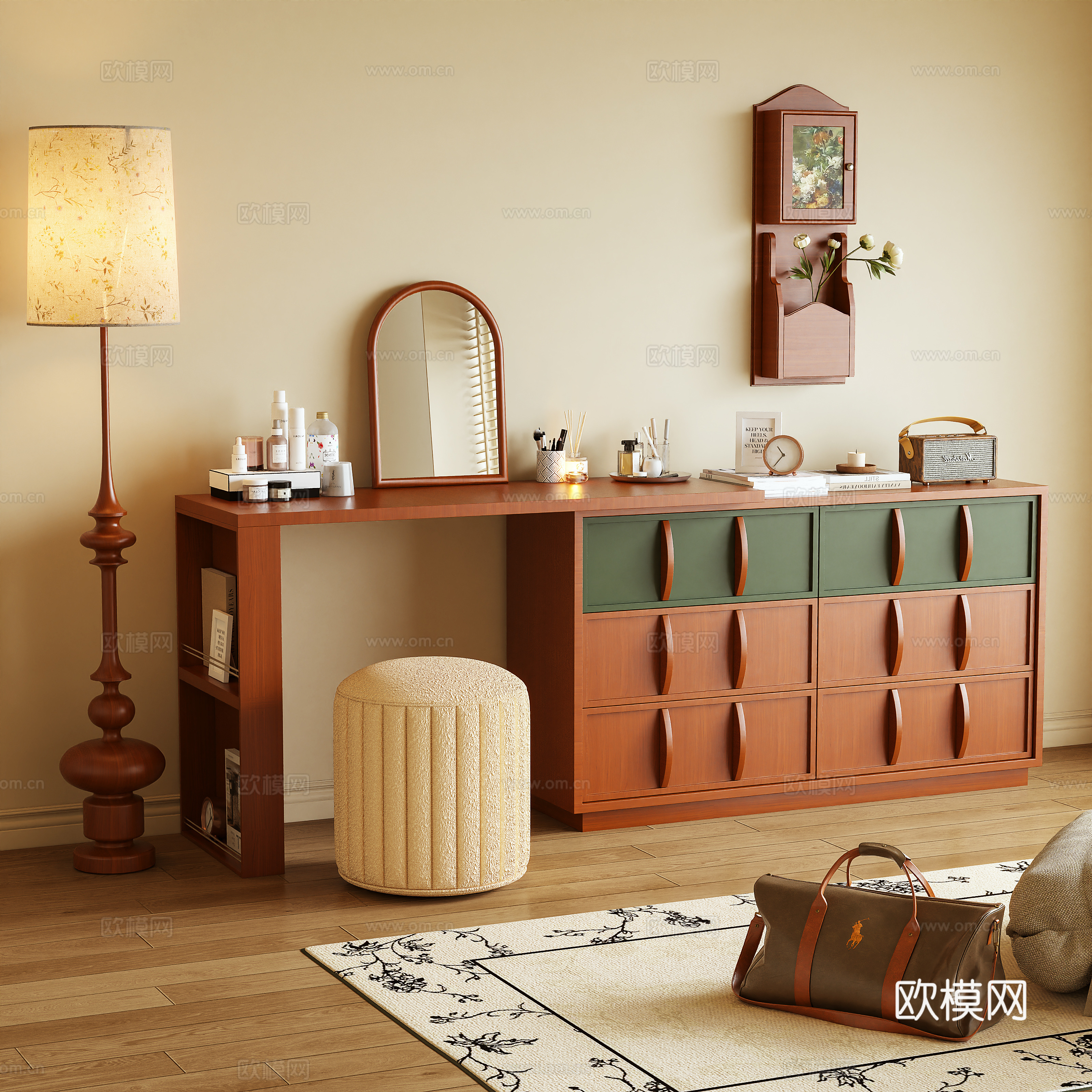 梳妆台 化妆桌 落地灯 镜子 摆件3d模型下载