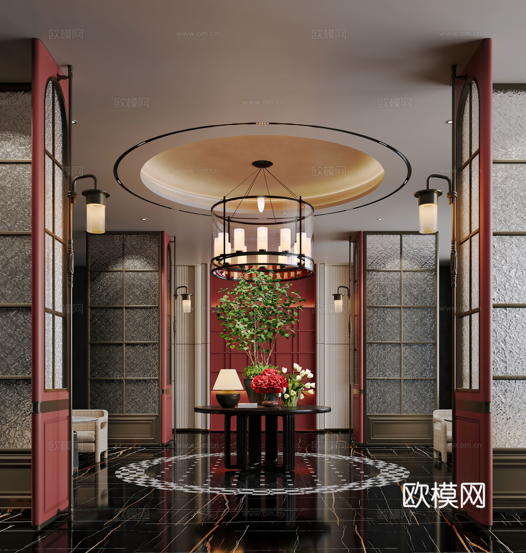 现代大厅 酒店大厅 大厅灯具 花艺摆台组合 屏风隔断3d模型下载