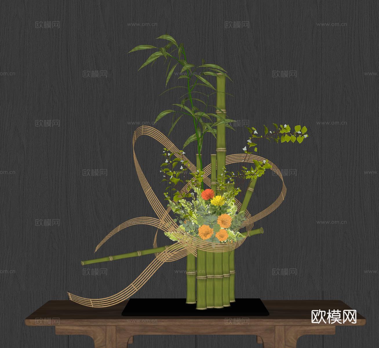 新中式禅意花瓶 花艺摆件 插花su模型