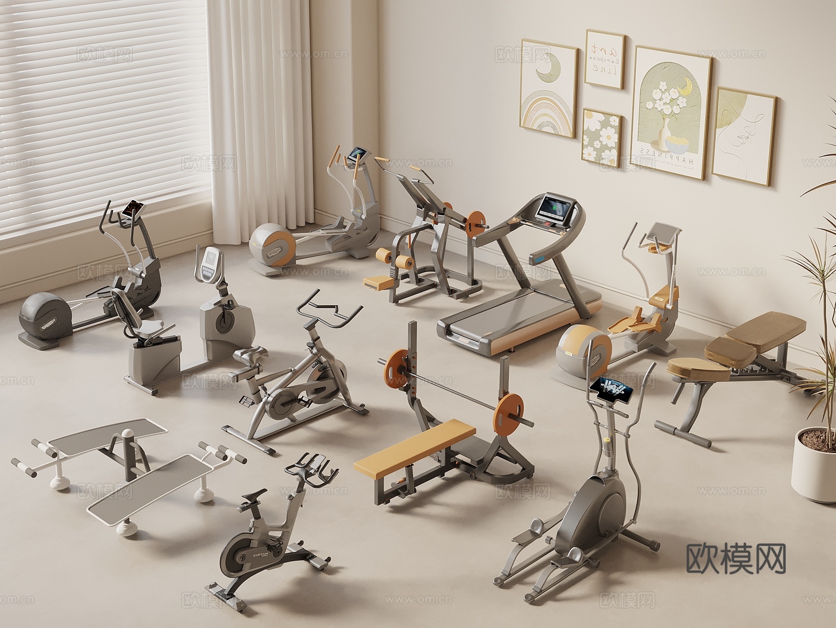 现代健身器材 运动器械 哑铃 跑步机 健身房运动设备3d模型下载
