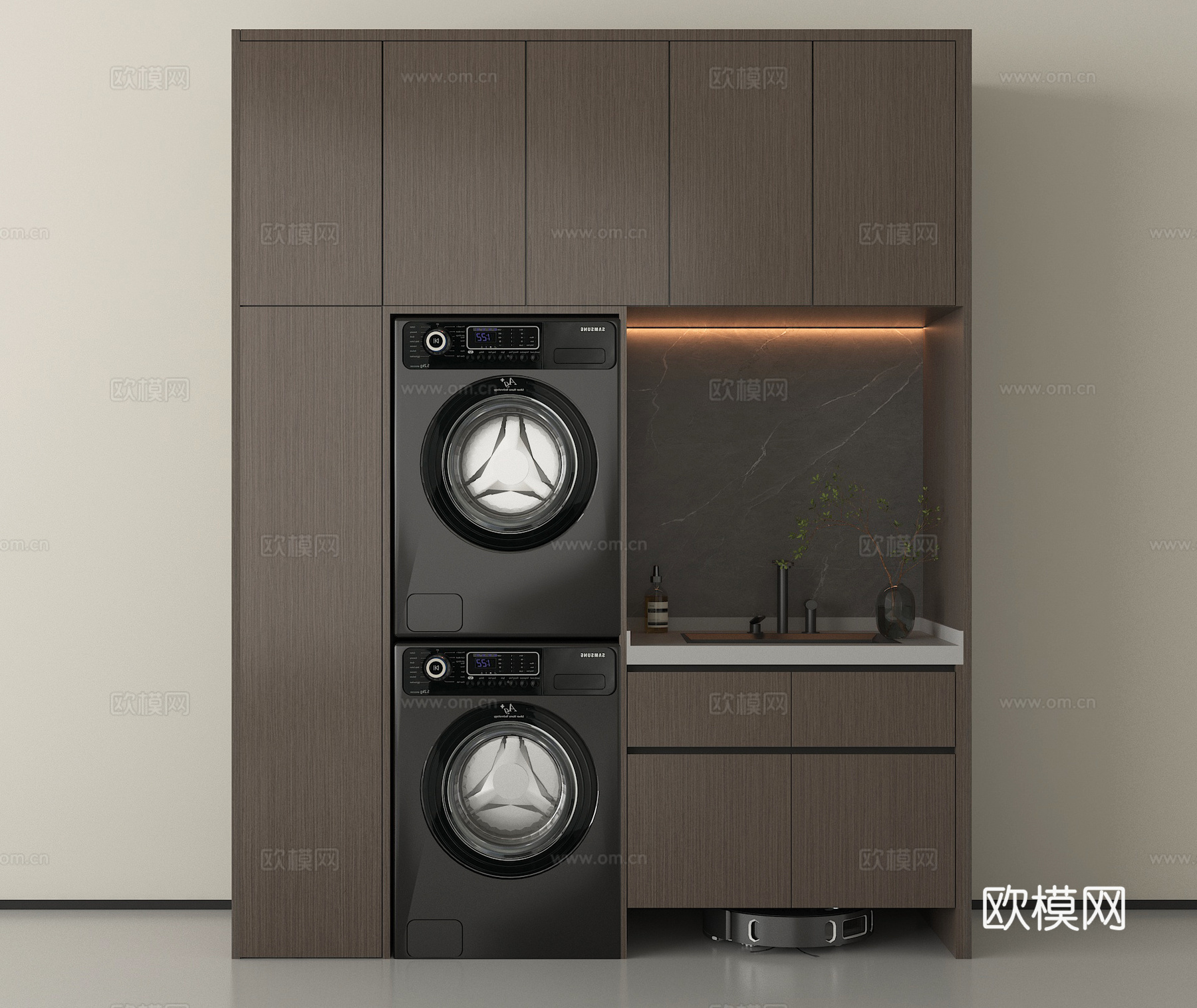 现代洗衣机柜 洗衣机 烘干机 扫地机器人3d模型下载