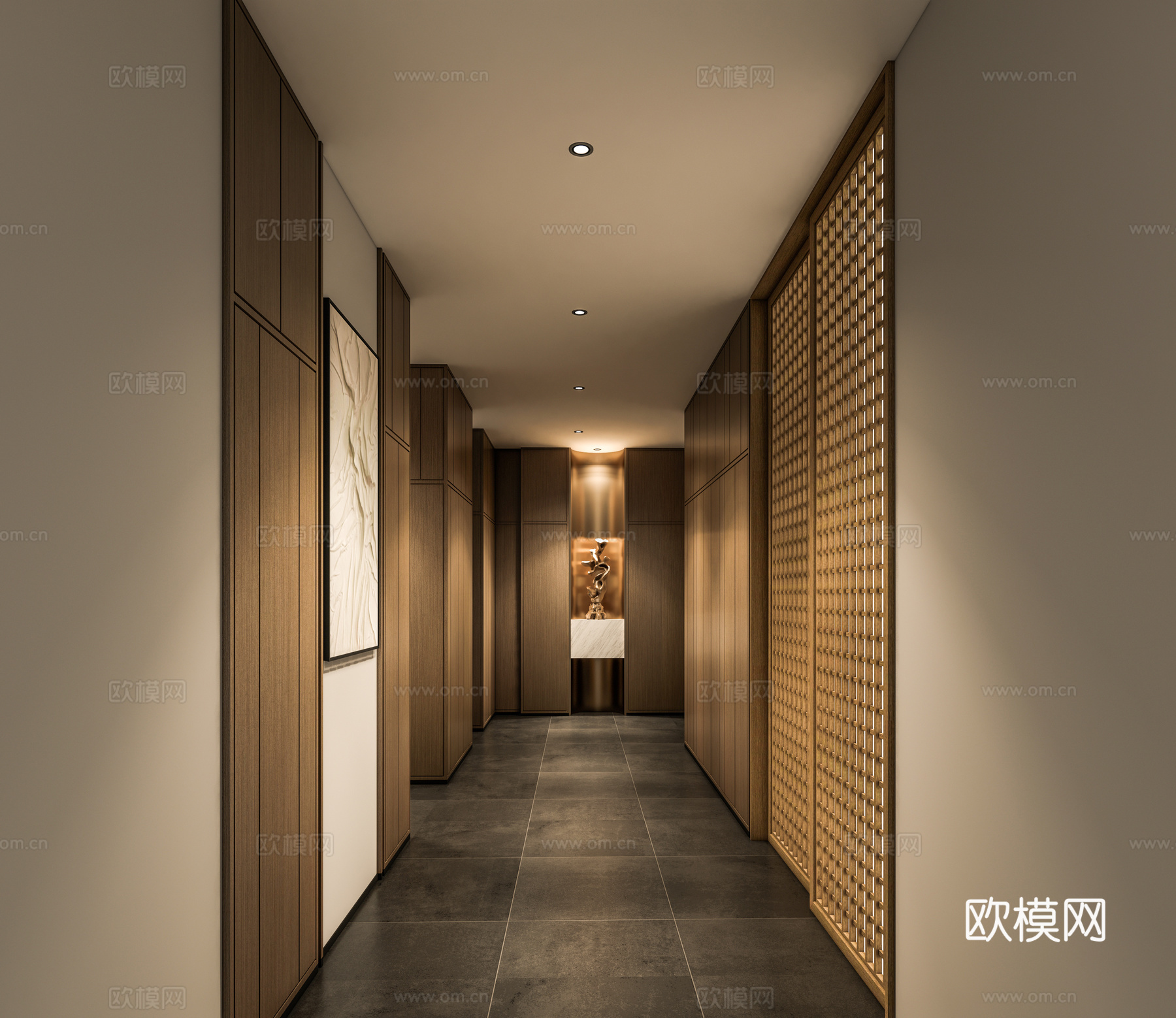 现代新中式酒店过道 酒店客房木门 足浴会所过道 餐饮过道 木su模型