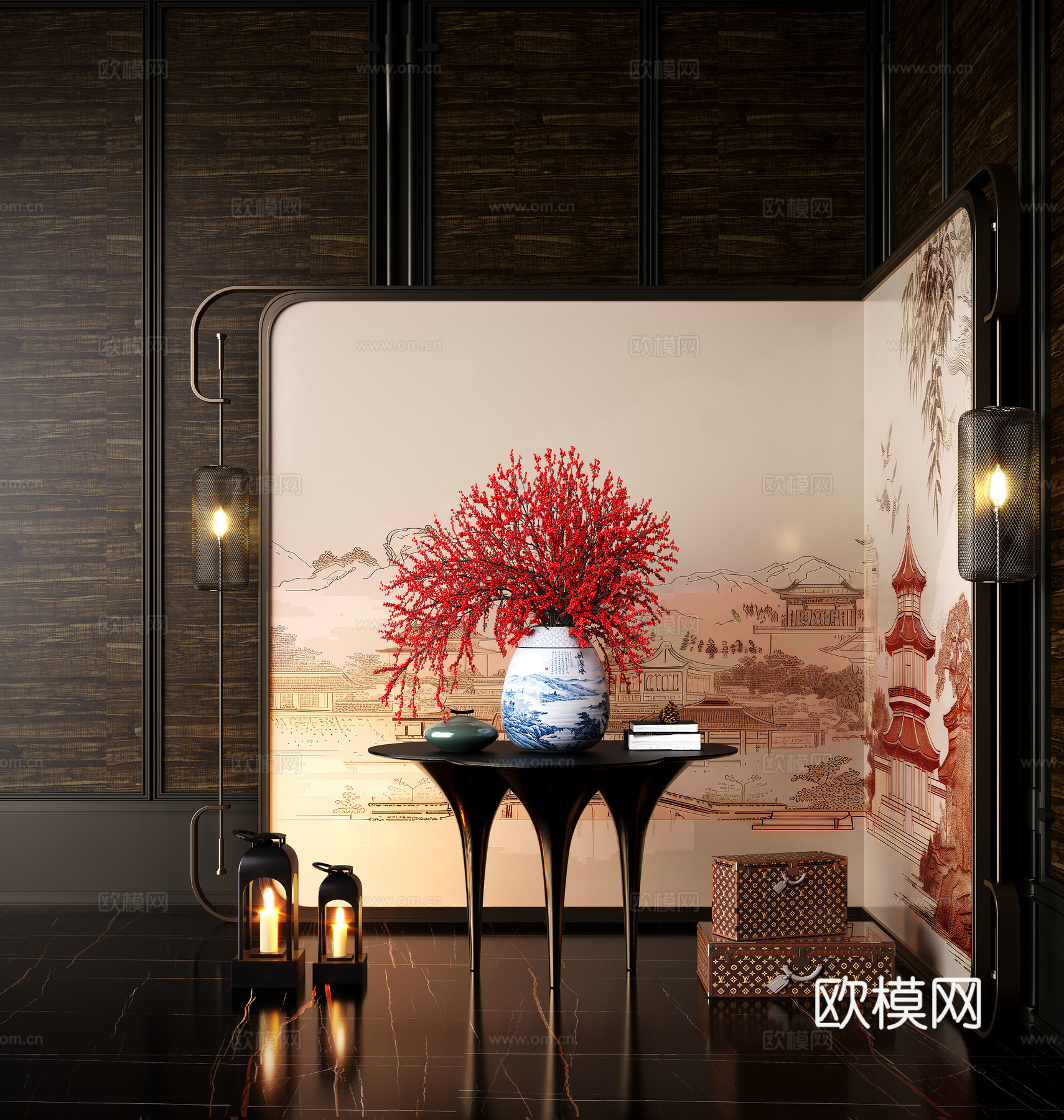 现代花艺摆台 酒店端景台 端景台花艺 玻璃花瓶 绿植摆件3d模型下载