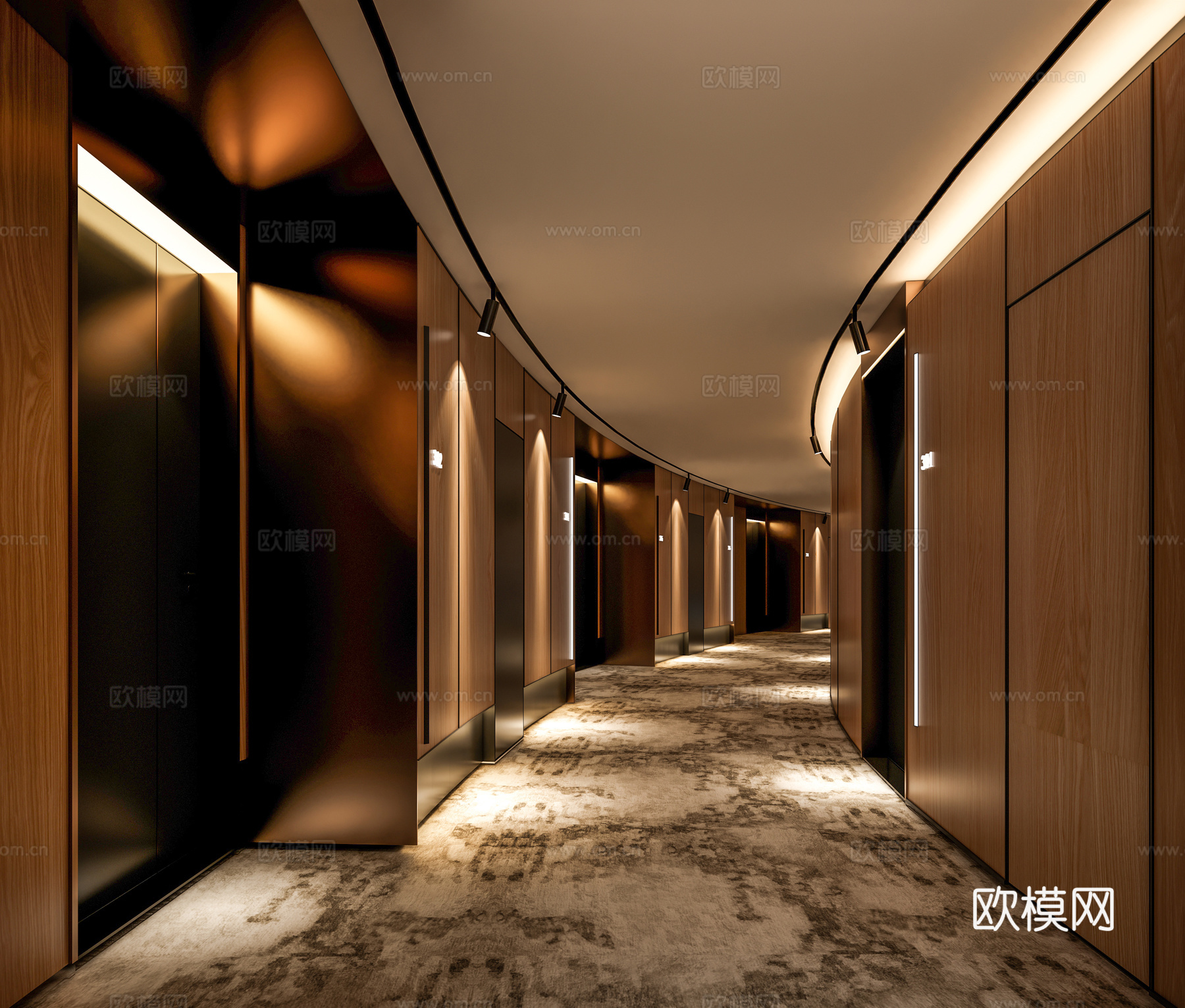现代新中式酒店过道 酒店客房木门 足浴会所过道 餐饮过道 木su模型