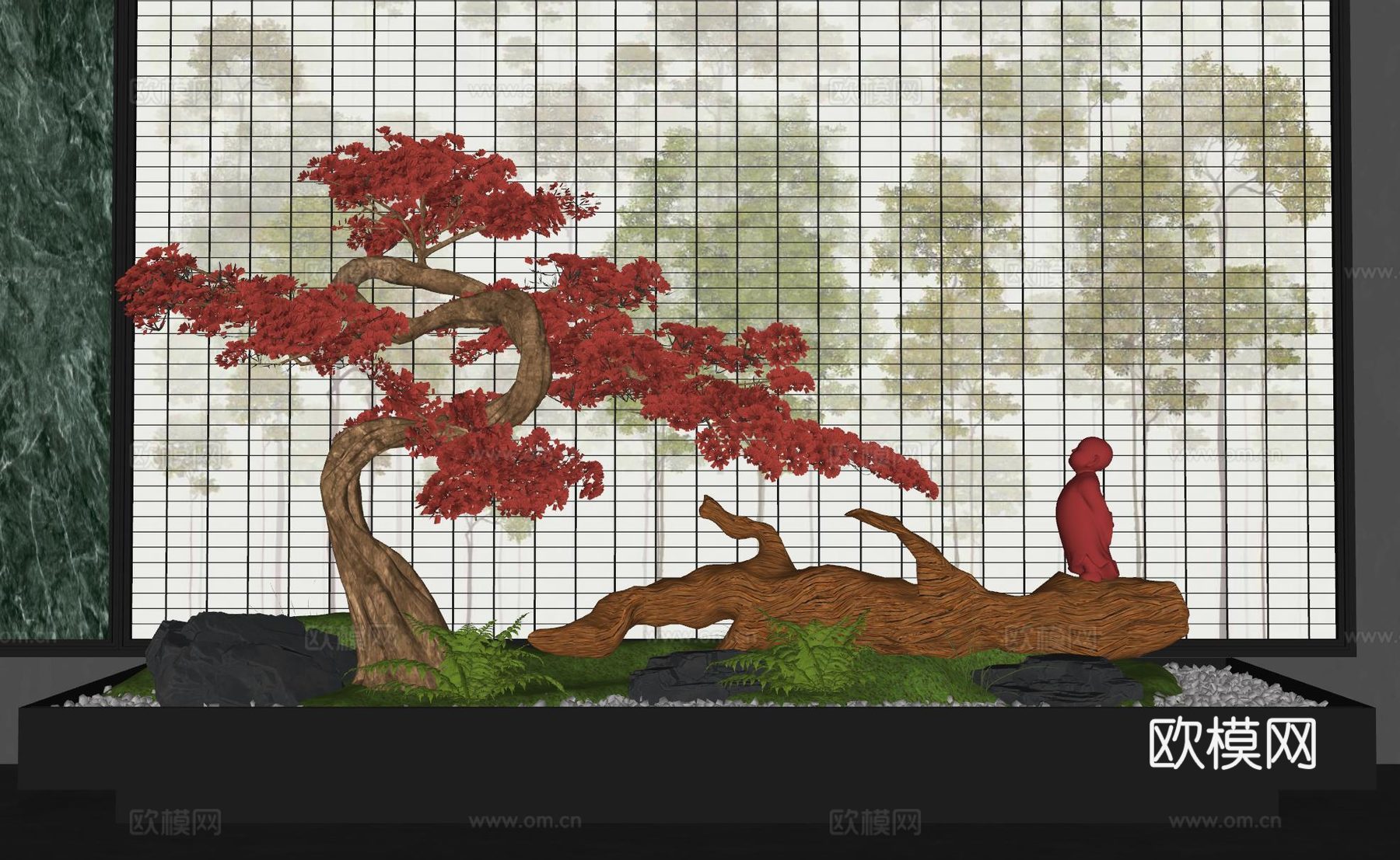 新中式景观造景 室内景观 倒挂植物 景观石 室内造景su模型