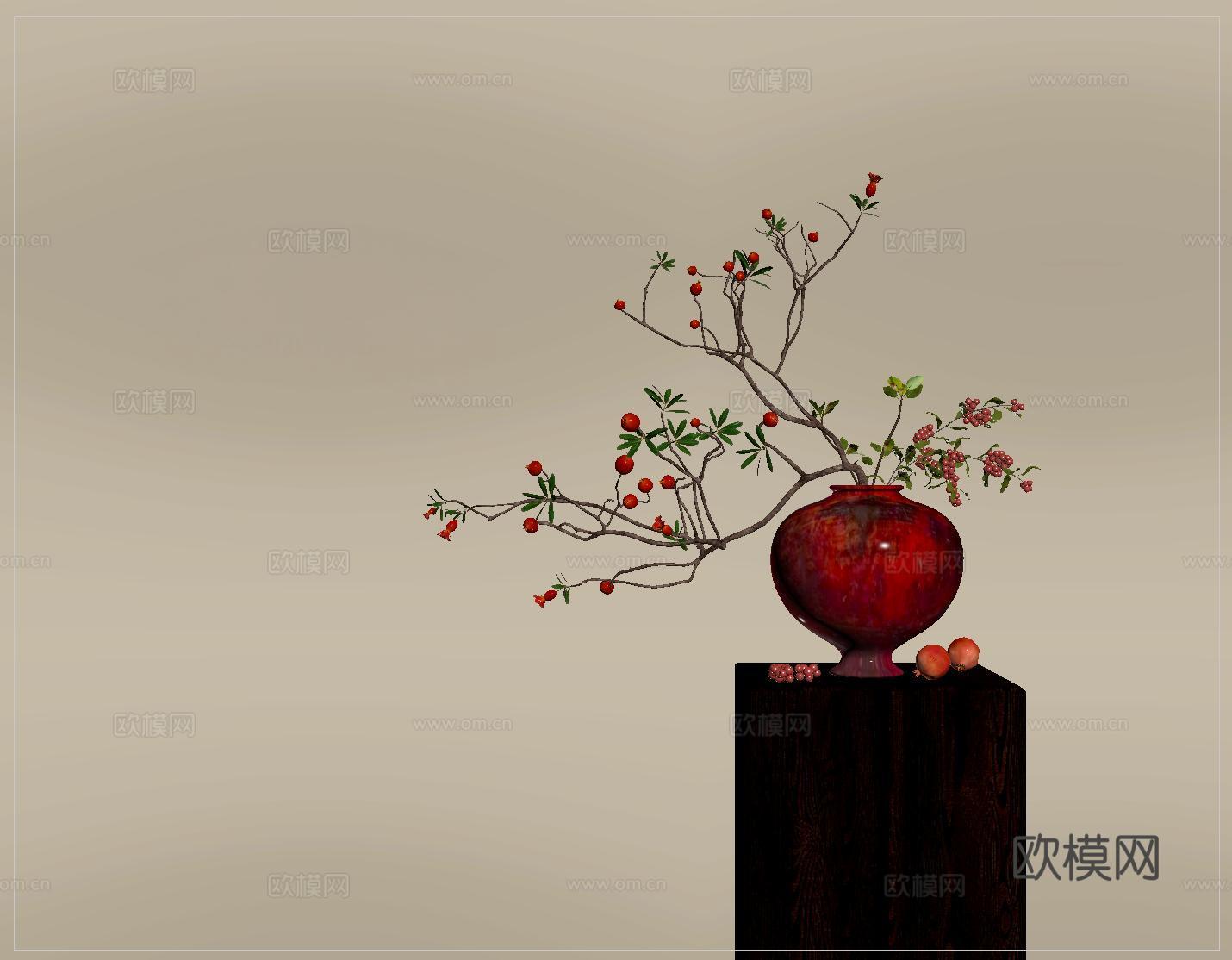 侘寂风格花艺花瓶摆件su模型