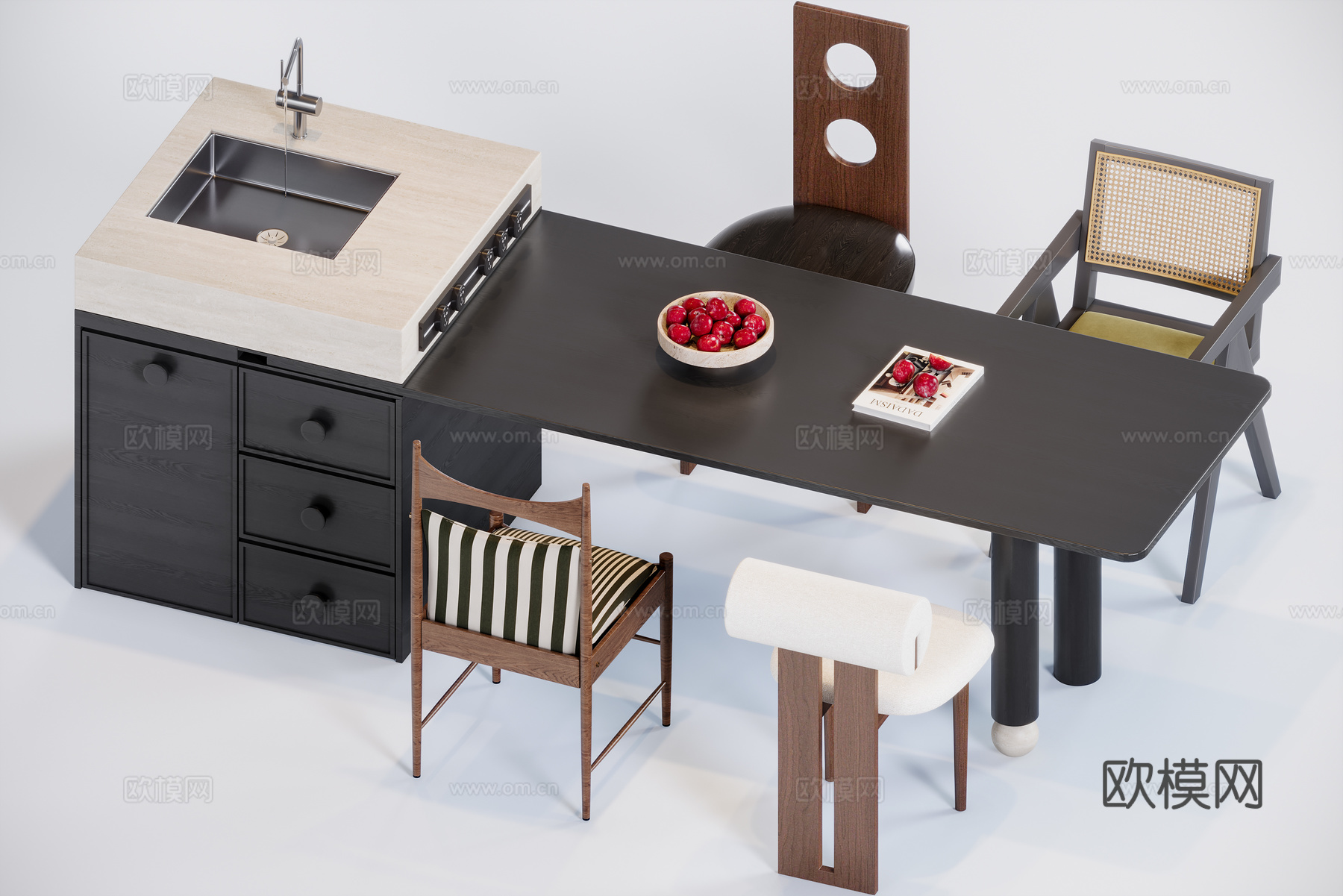 中古风岛台餐桌3d模型下载