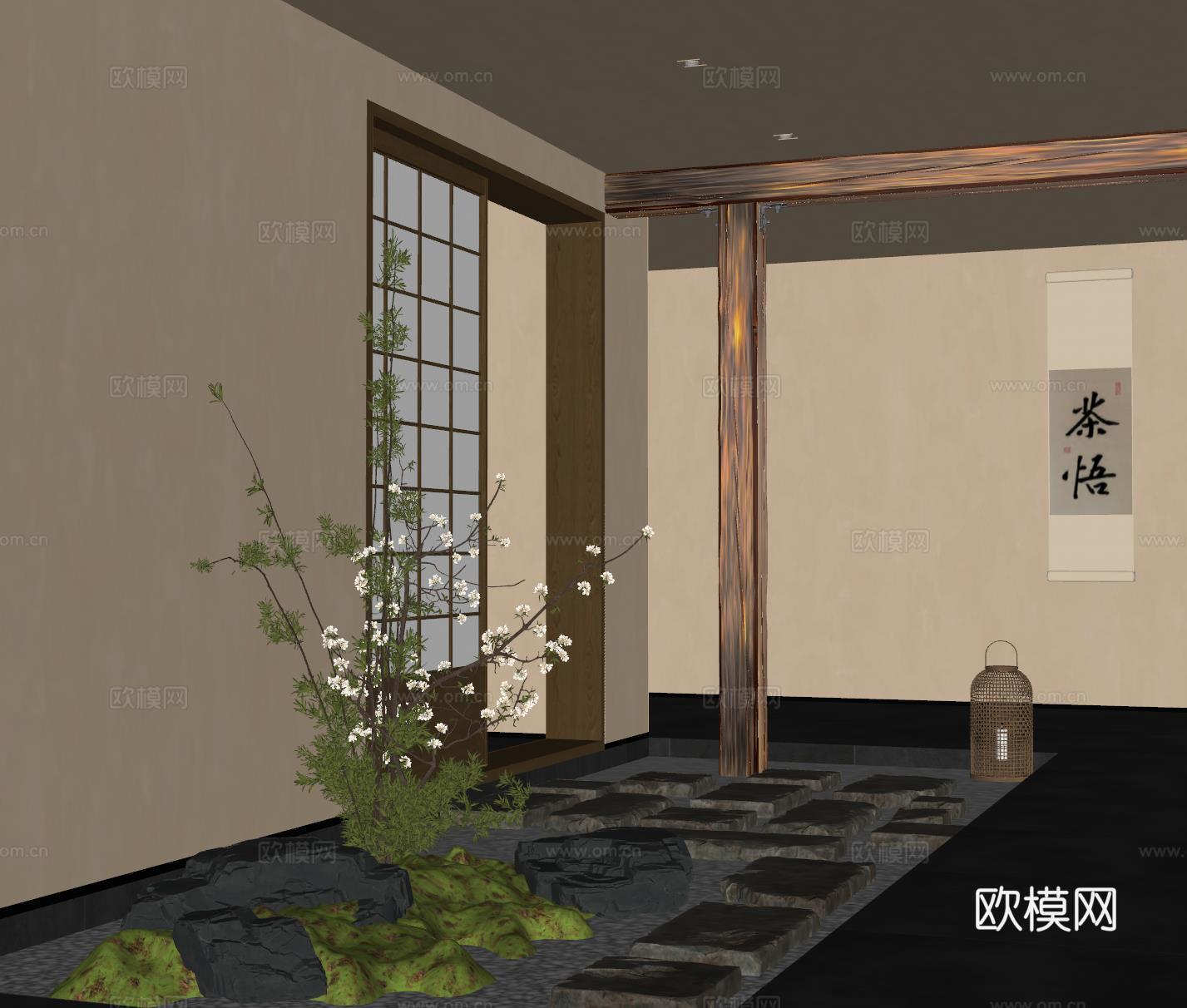 新中式茶室 茶室景观 过道景观 室内景观su模型