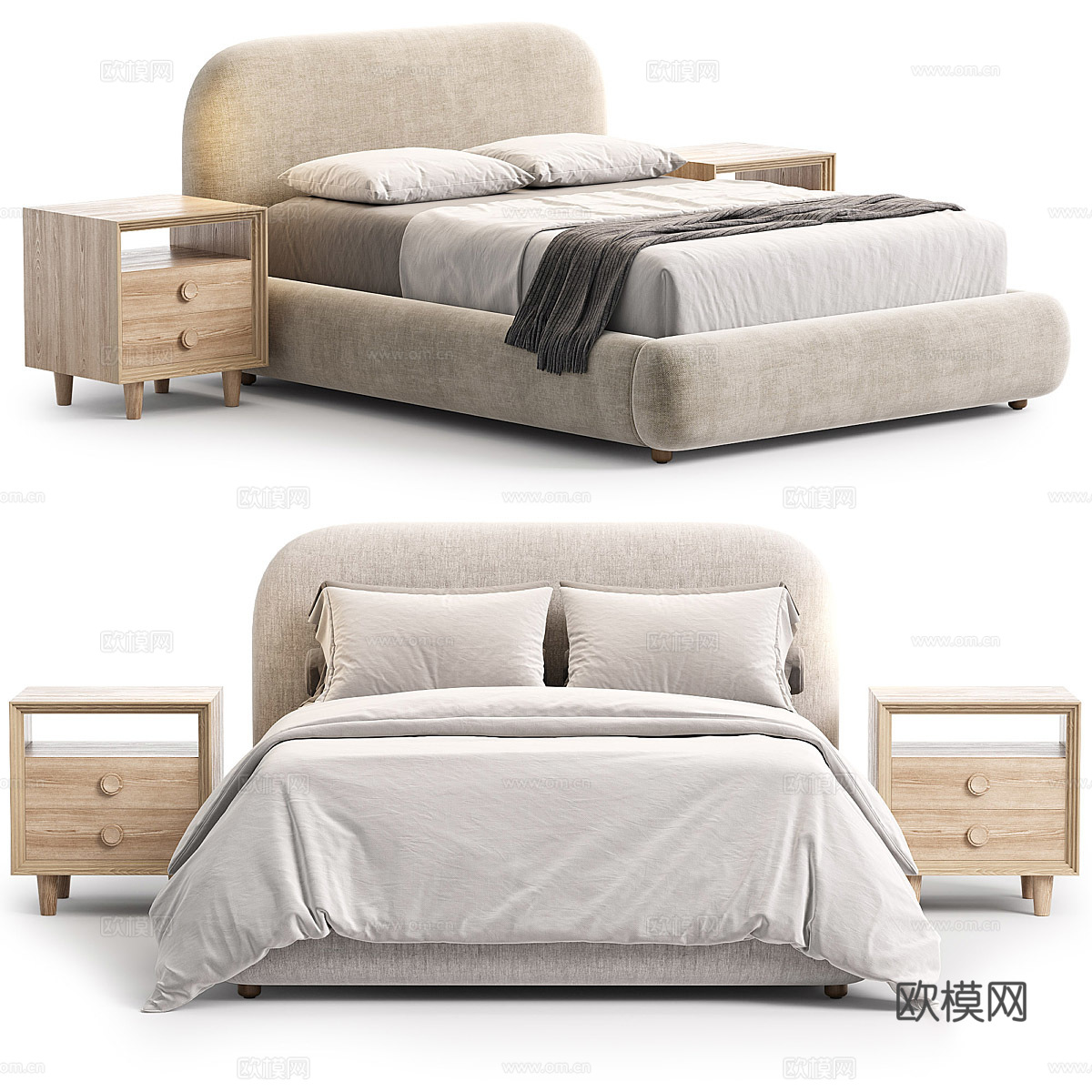 新中式 Westelm Laurent 布艺双人床3d模型下载（渲染图3）