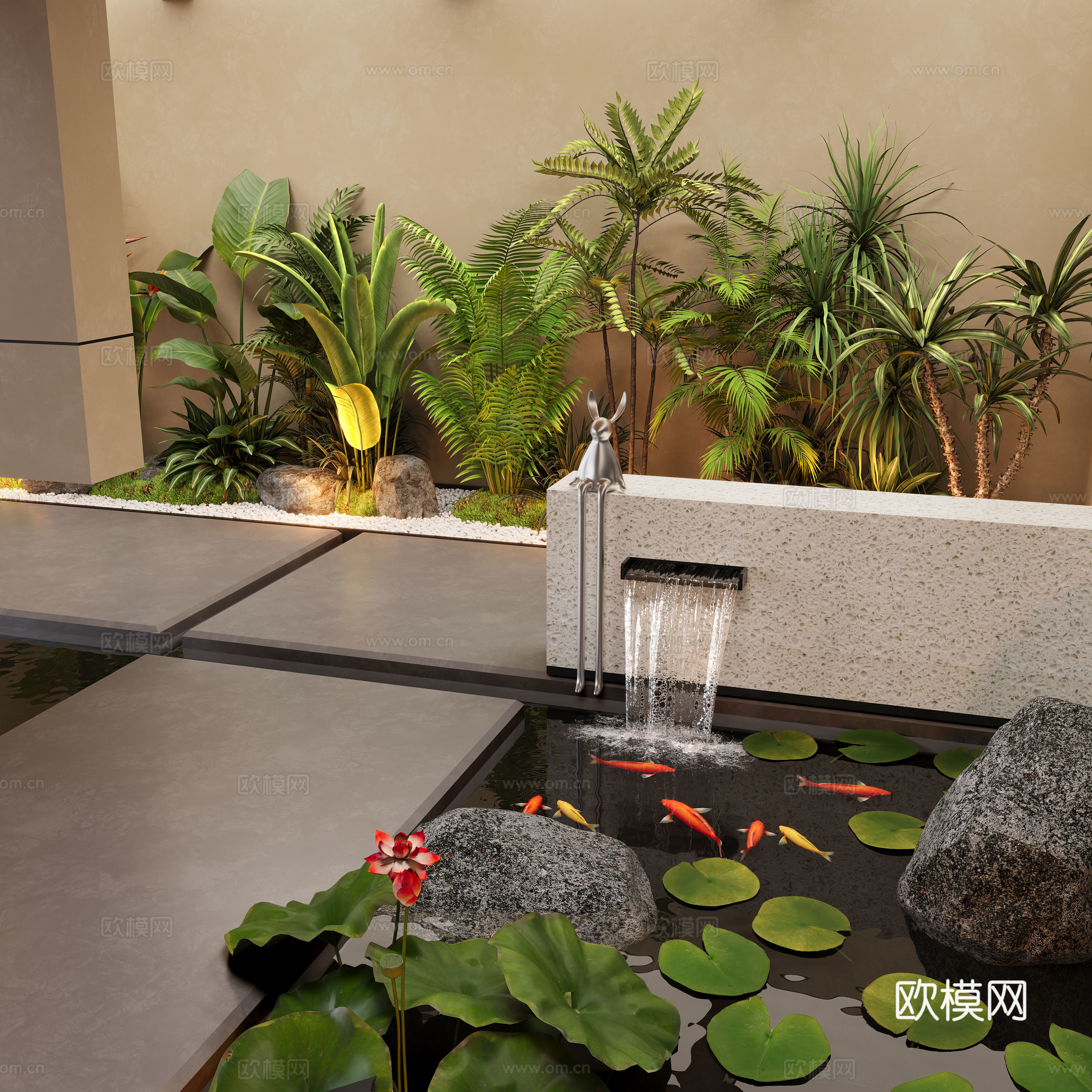 现代室内景观造景 景观植物 室内水景3d模型下载