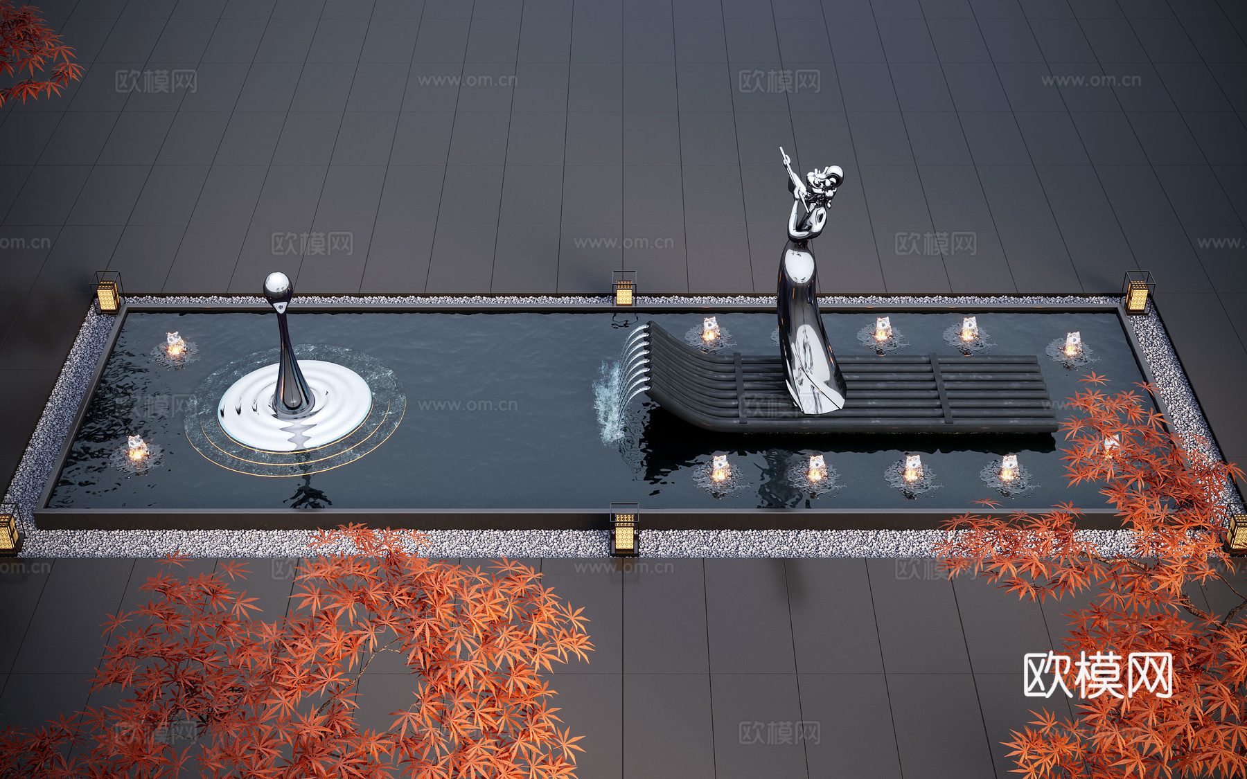 现代水景观 庭院水景 水钵 叠水 跌水 喷泉su模型