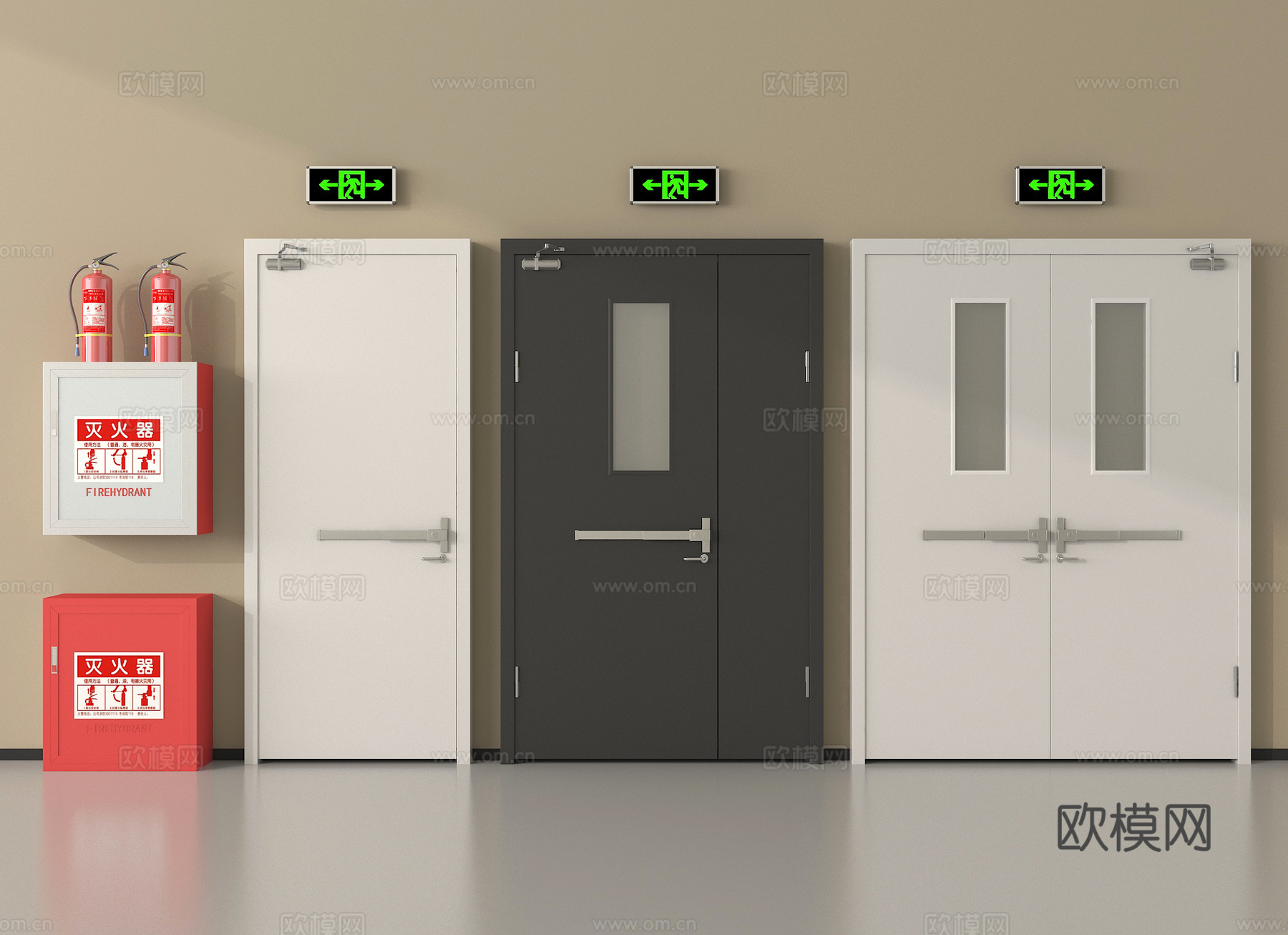 现代消防门 防火门 安全出口 灭火器 消防栓su模型