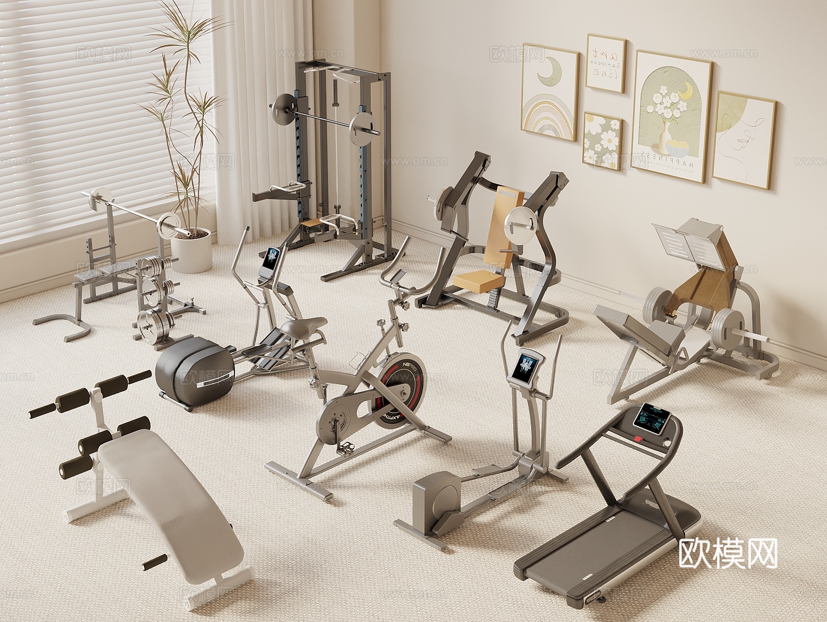 现代健身器材 运动器械 哑铃 跑步机 健身房运动设备3d模型下载