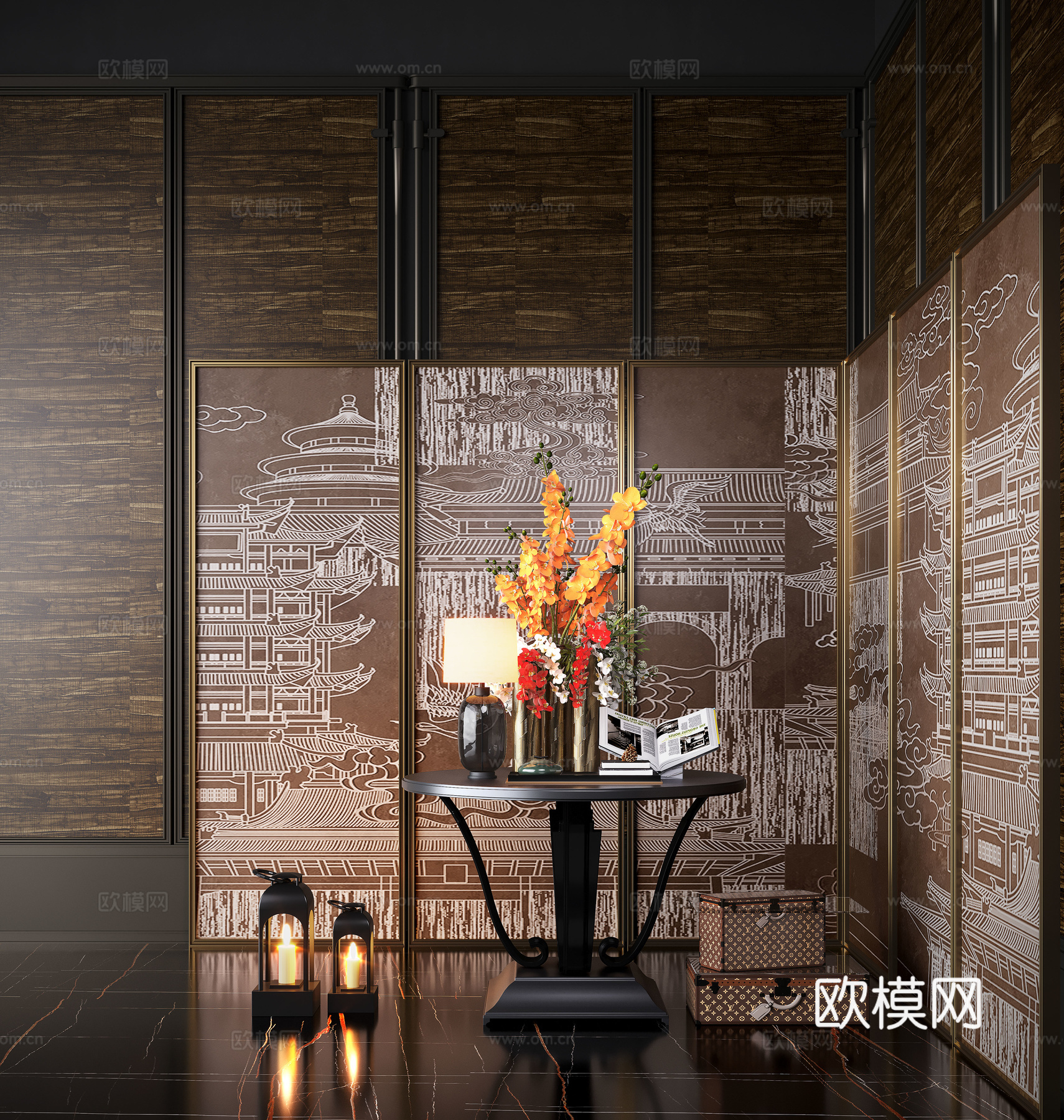 现代花艺摆台 酒店端景台 端景台花艺 玻璃花瓶 绿植摆件su模型