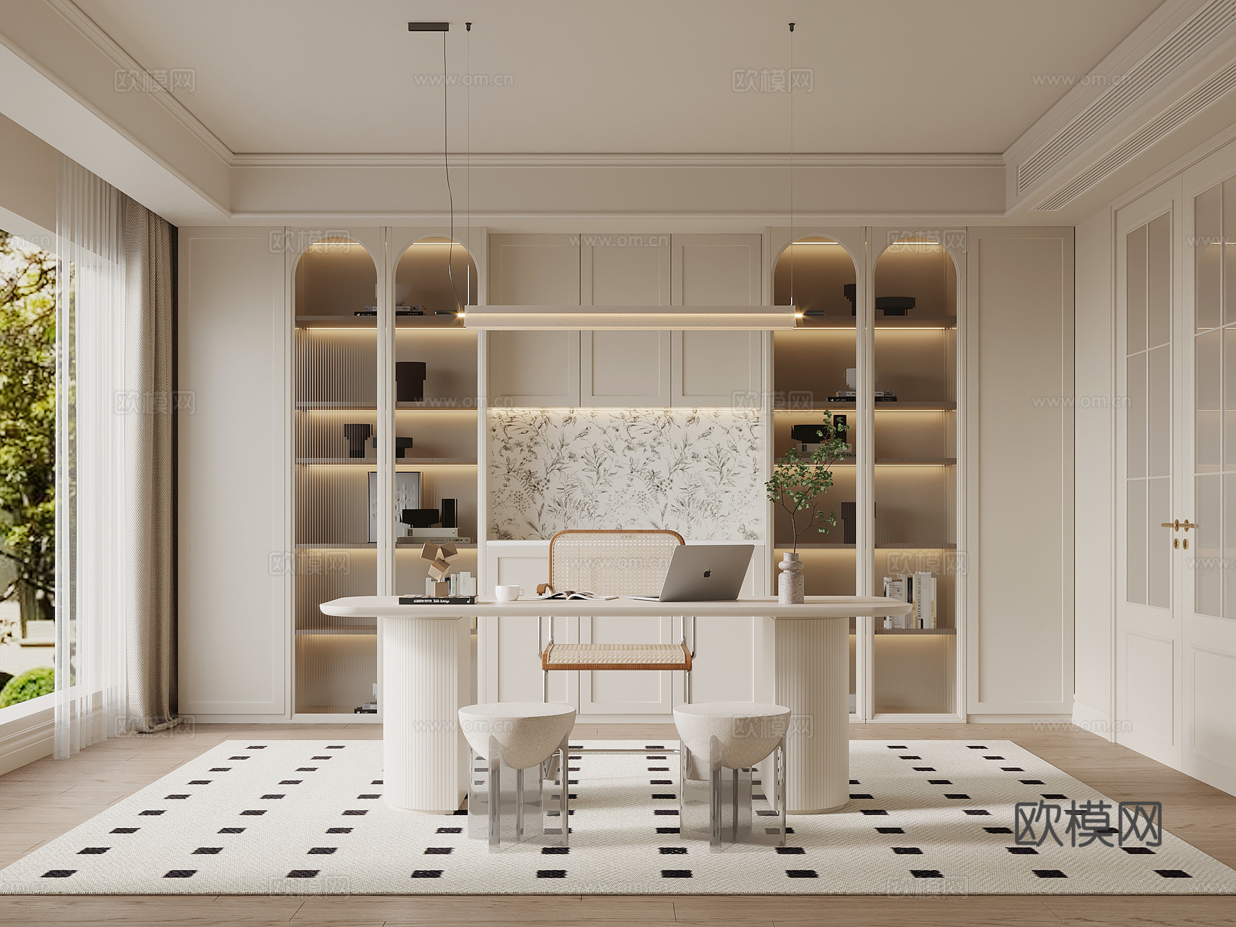 法式奶油风书房 书柜 书桌椅3d模型下载