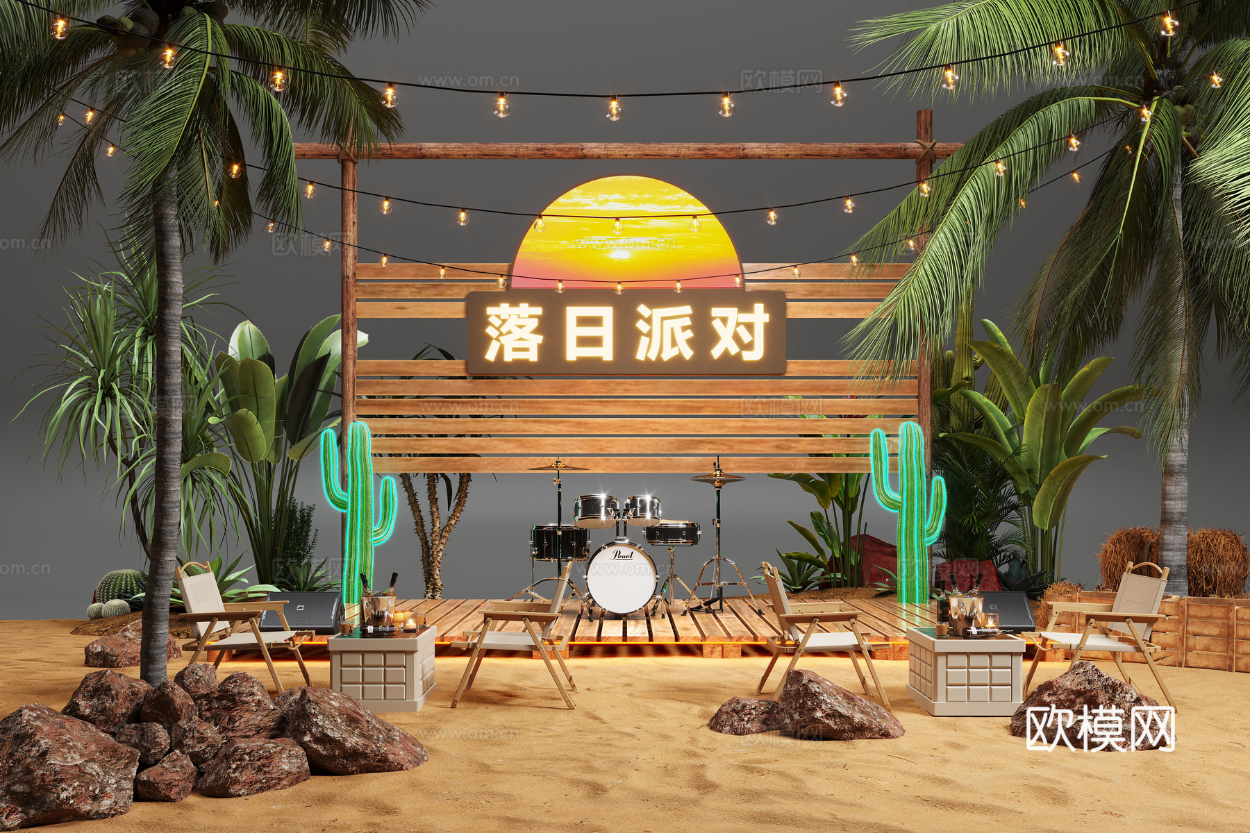 现代露营风植物造景 露营风造景装置 景观植物 露营椅su模型