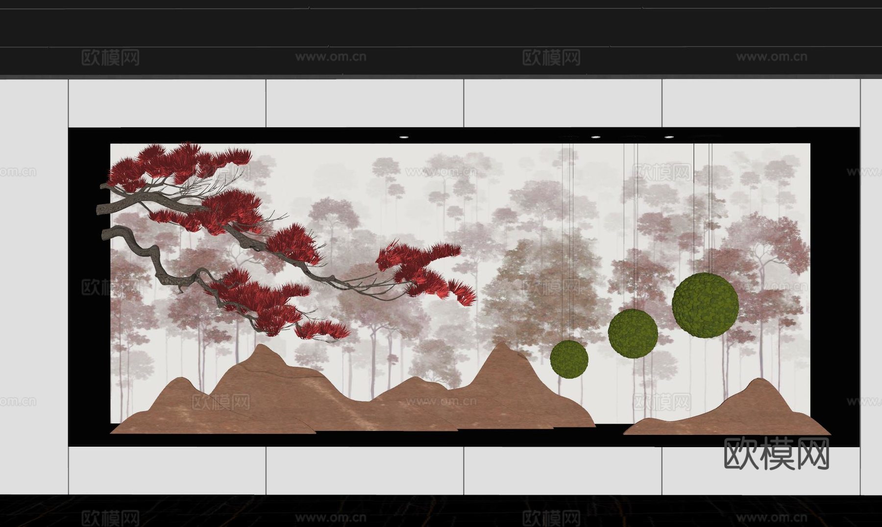 新中式景观造景 室内景观 倒挂植物 景观石 室内造景su模型