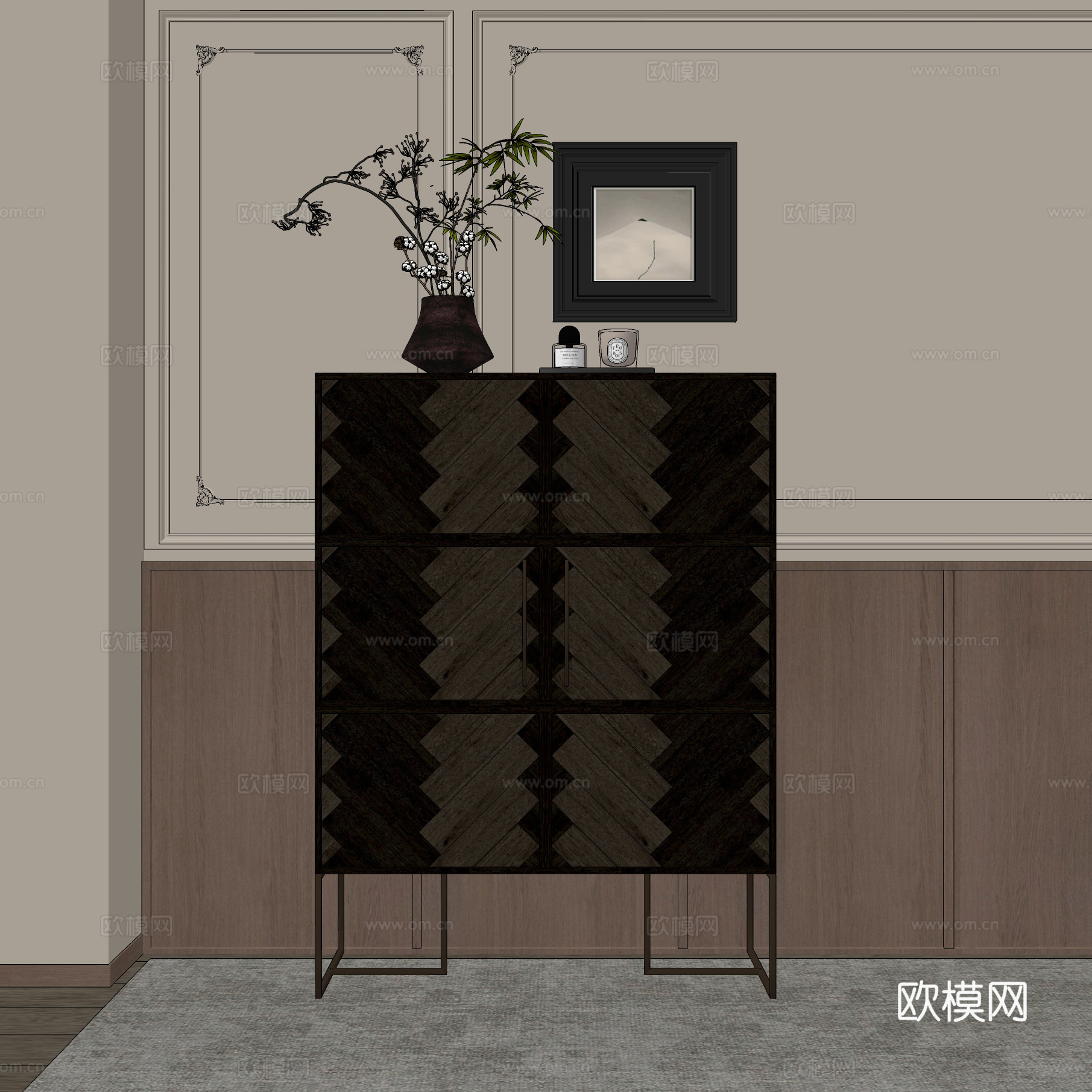 中古风玄关柜 储物柜 花艺 斗柜 装饰柜su模型