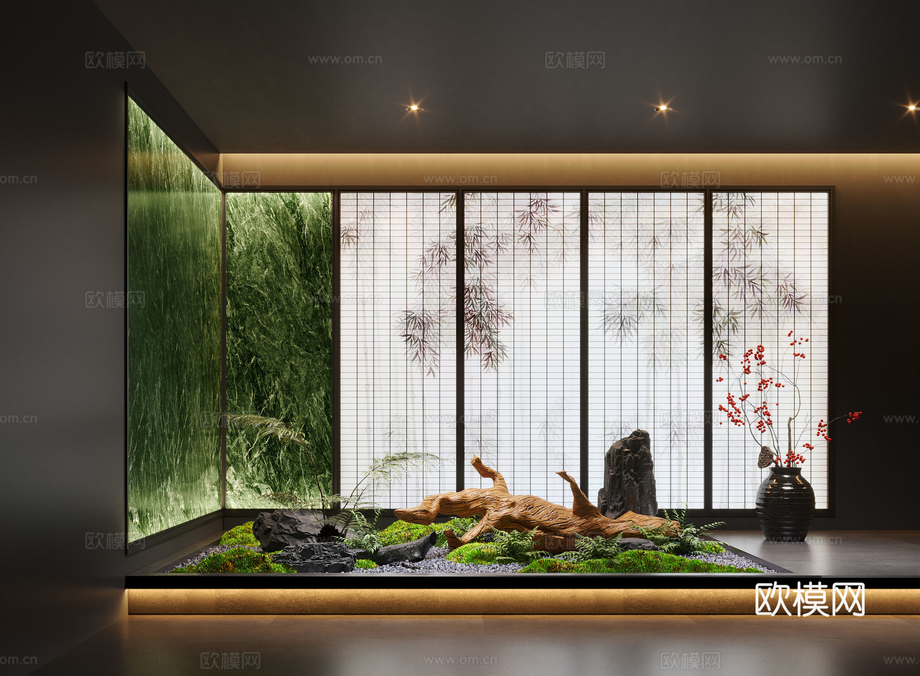 新中式景观造景 室内景观 倒挂植物 景观石 室内造景su模型