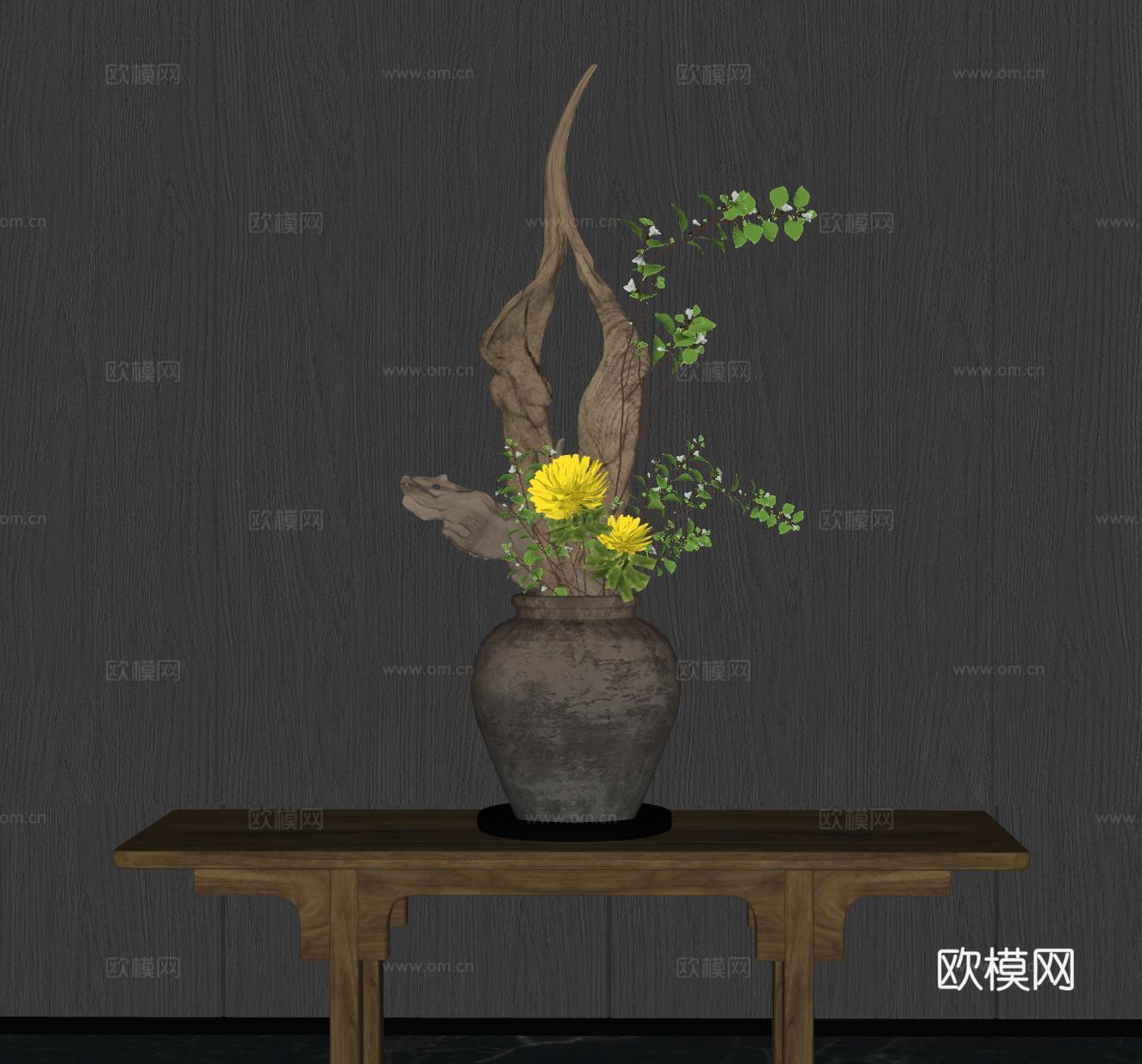 新中式禅意花瓶 花艺摆件 插花su模型