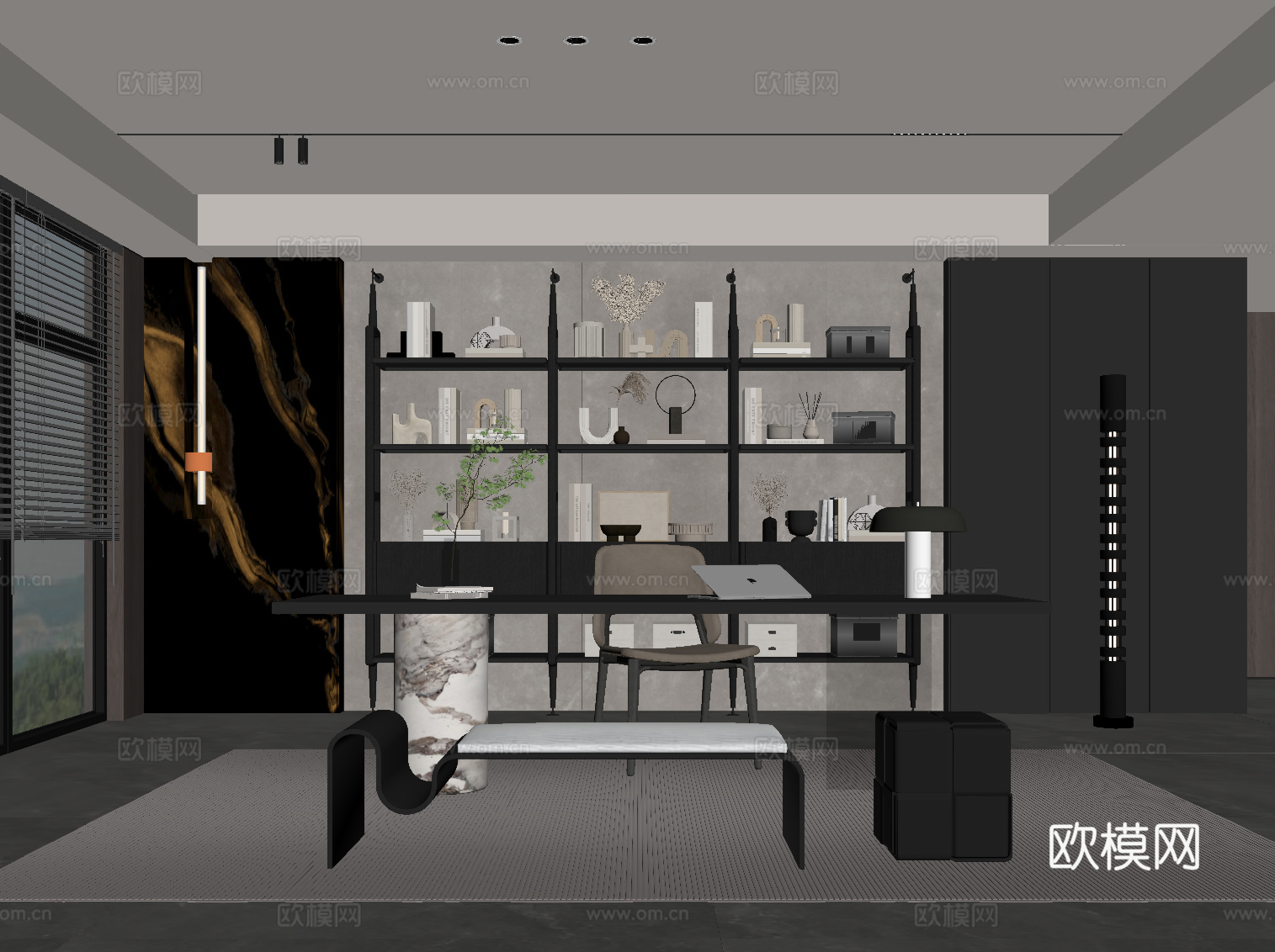 意式书房 书桌椅 书柜 背景墙su模型
