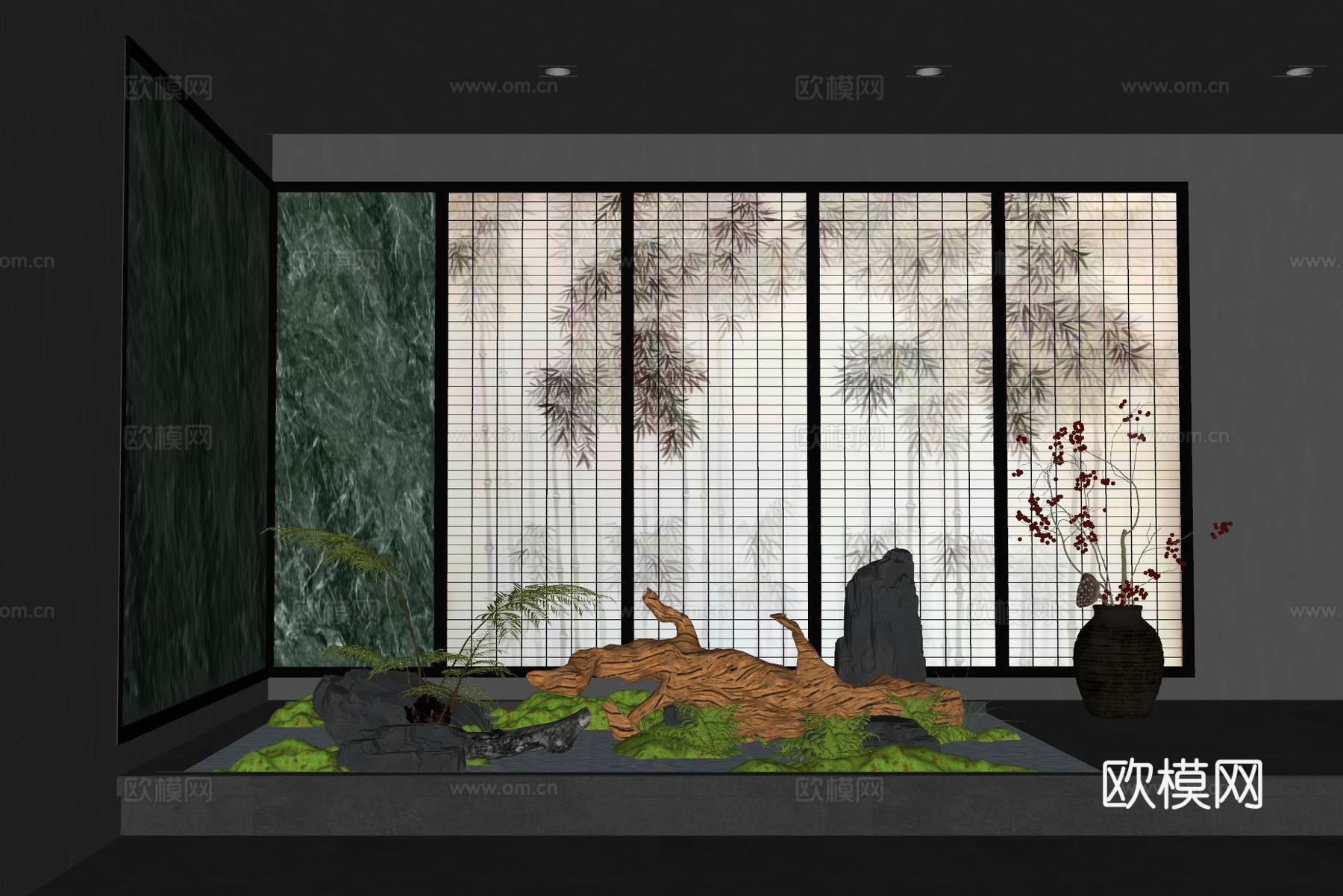 新中式景观造景 室内景观 倒挂植物 景观石 室内造景su模型