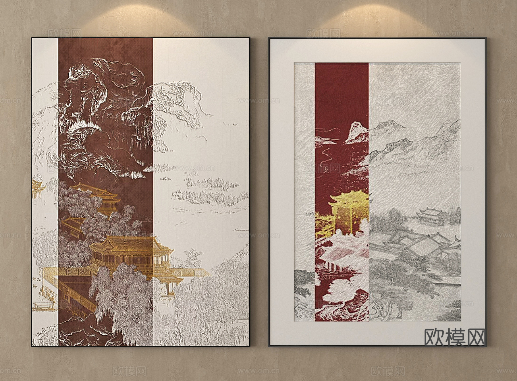 新中式挂画组合 装饰画su模型