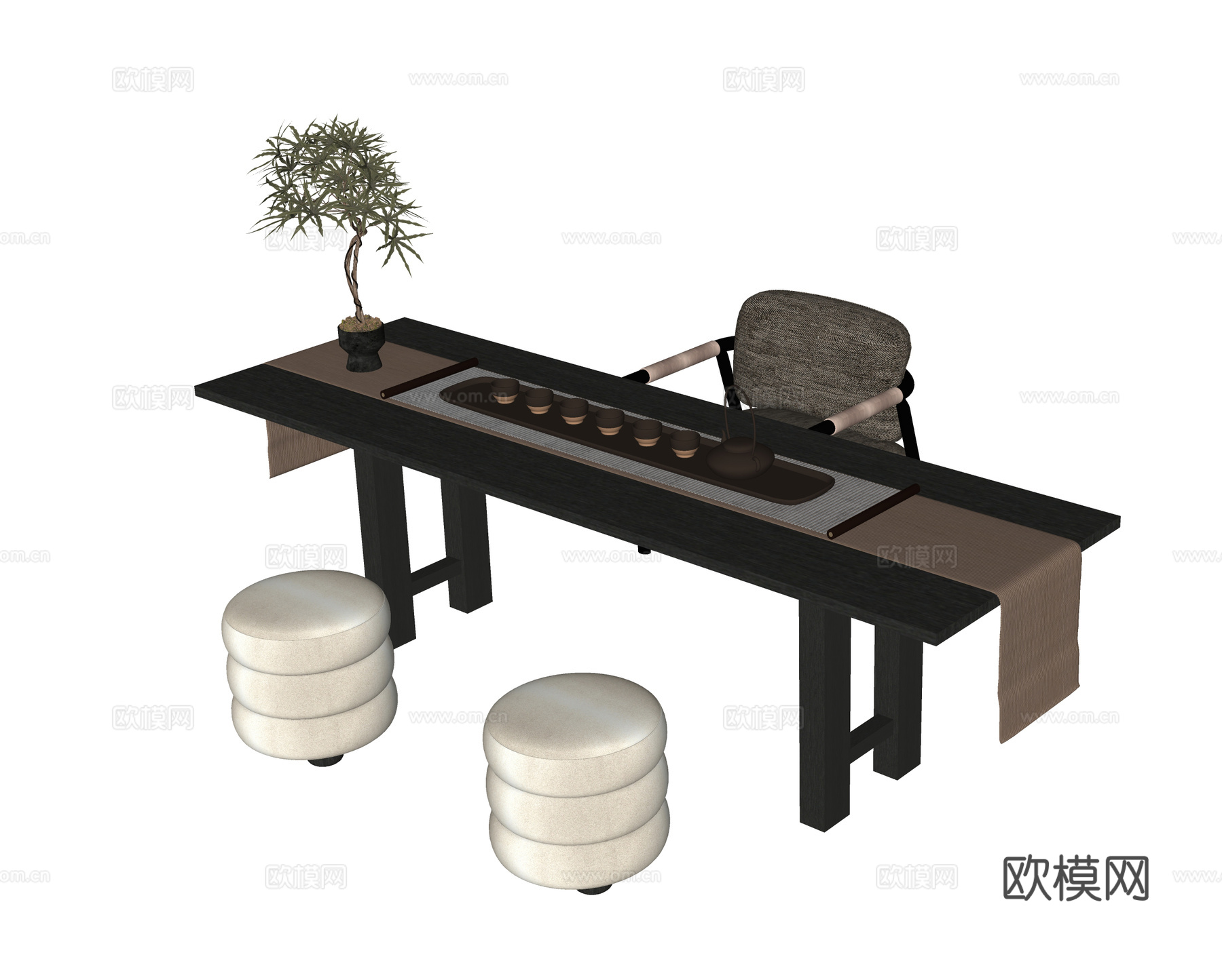现代茶桌椅 凳子 茶具摆件 茶桌su模型