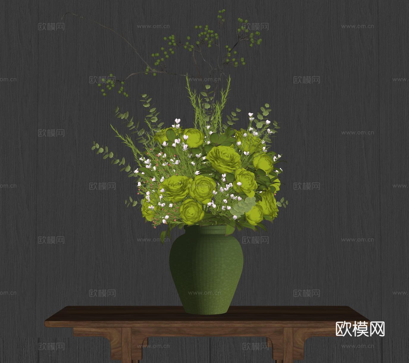 新中式禅意花瓶 花艺摆件 插花su模型