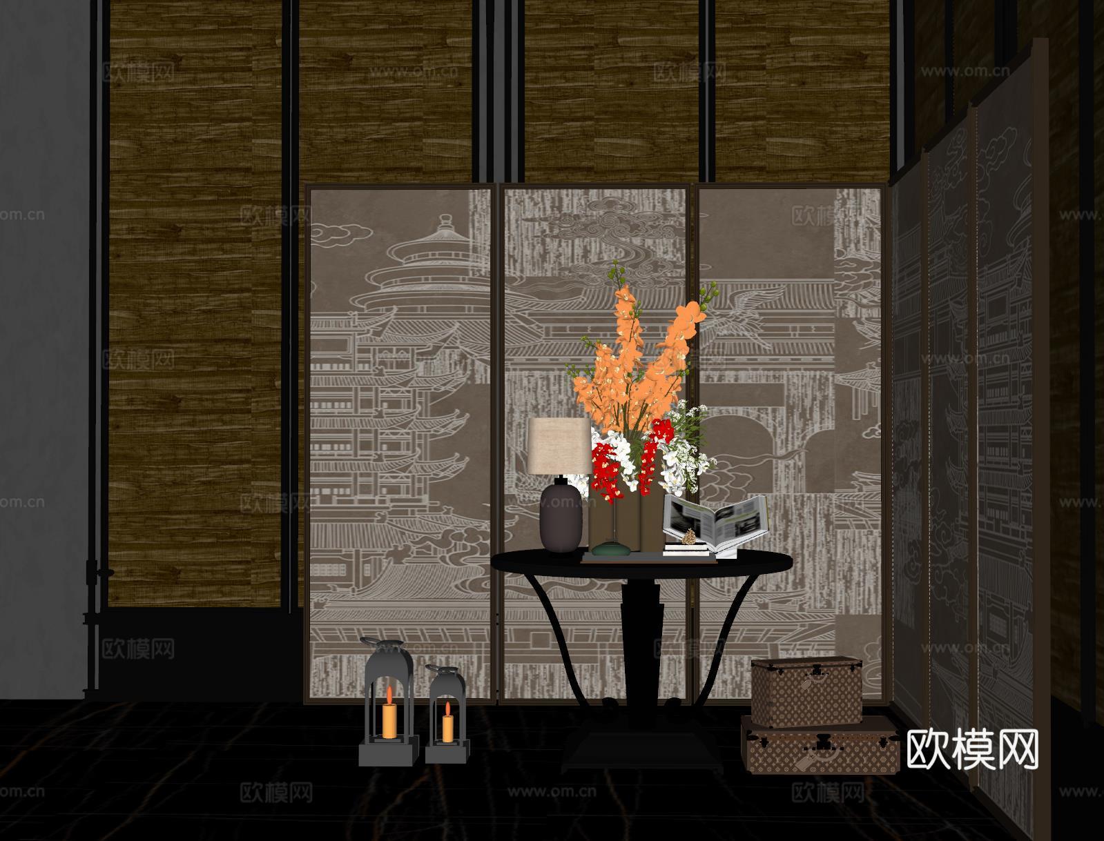 现代花艺摆台 酒店端景台 端景台花艺 玻璃花瓶 绿植摆件su模型